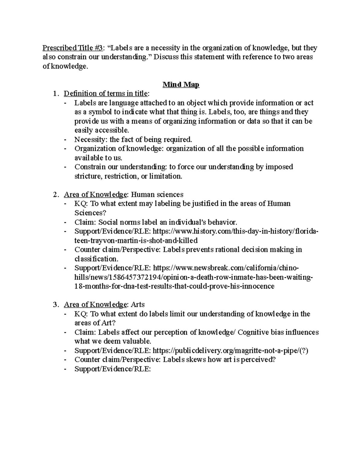 TOK mind map essay TOK mind map draft Prescribed Title 3 “Labels