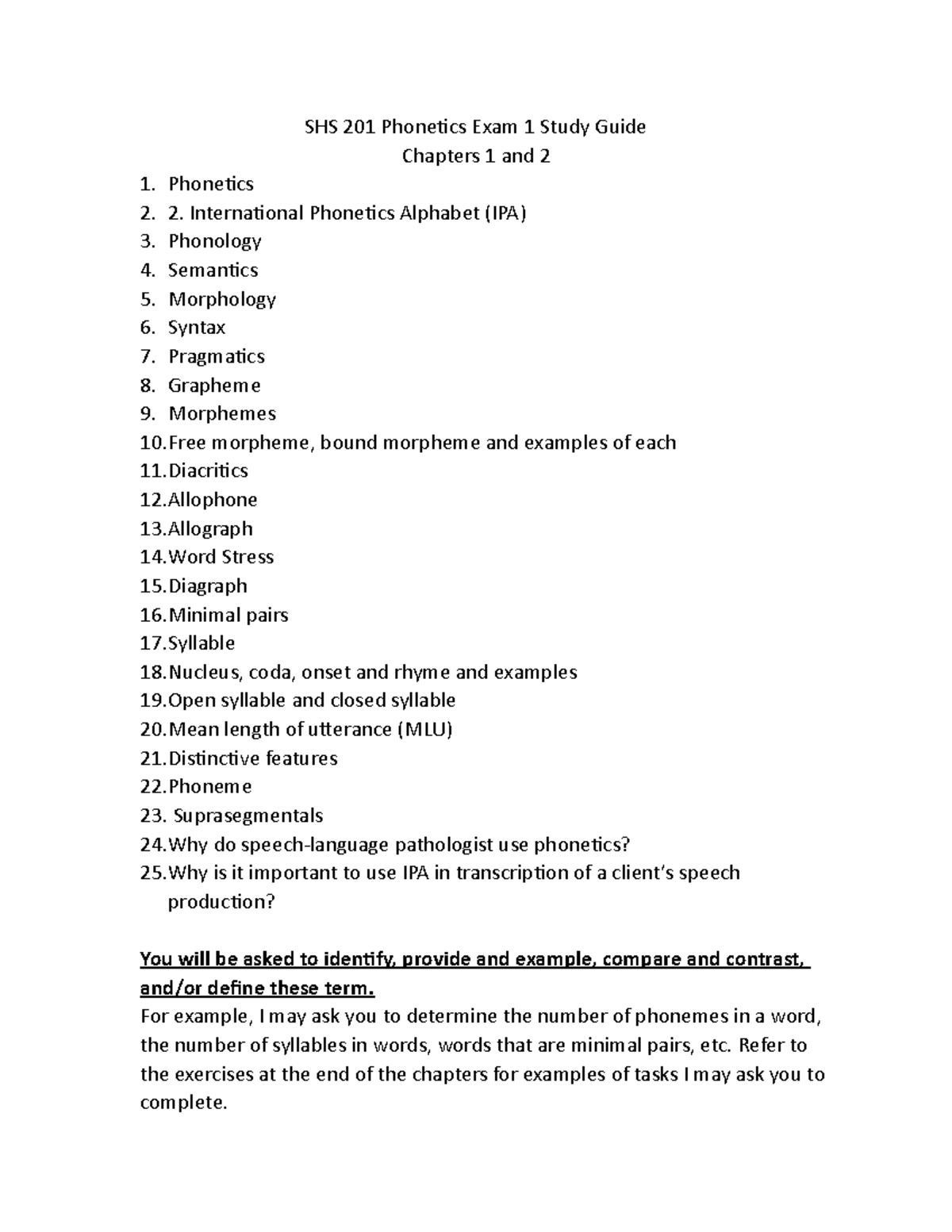 SHS 201 Phonetics Exam 1 Study Guide Chapters 1 and 2 - SHS 201 ...