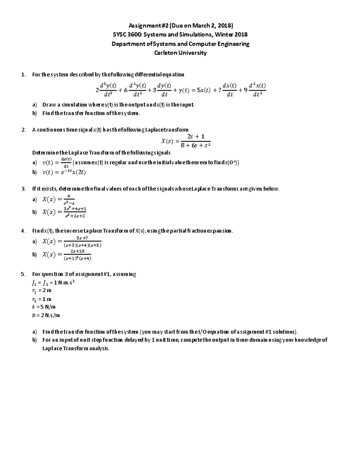 Assignment 2 - For the system described by the following differential ...