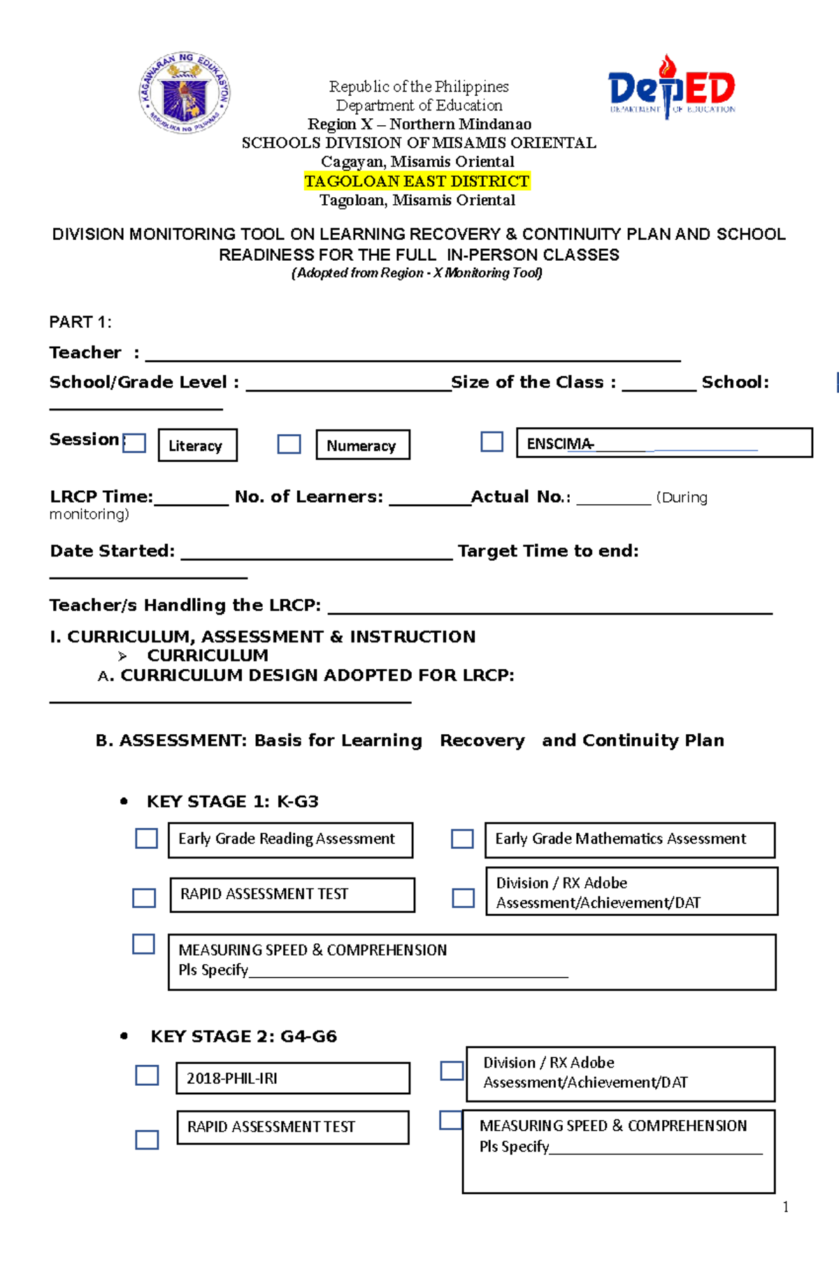Monitoring TOOL FOR LRCP Republic of the Philippines Department of