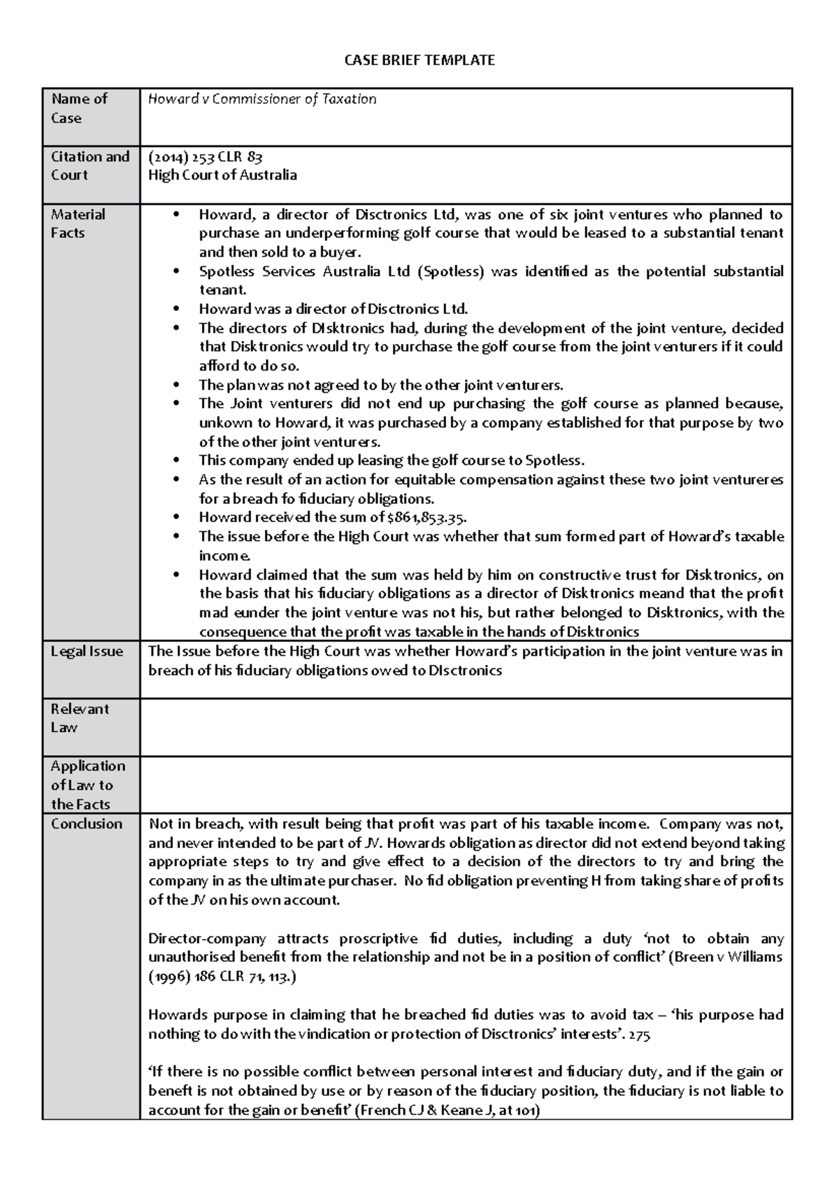 Howard v Commissioner of Taxation Case Brief - CASE BRIEF TEMPLATE Name ...