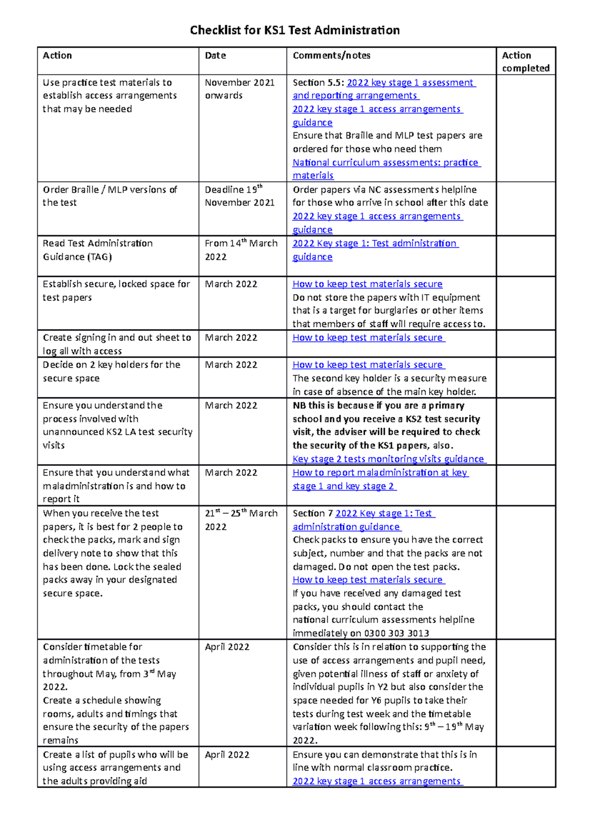 Checklist for KS1 Test Administration - Create signing in and out sheet ...