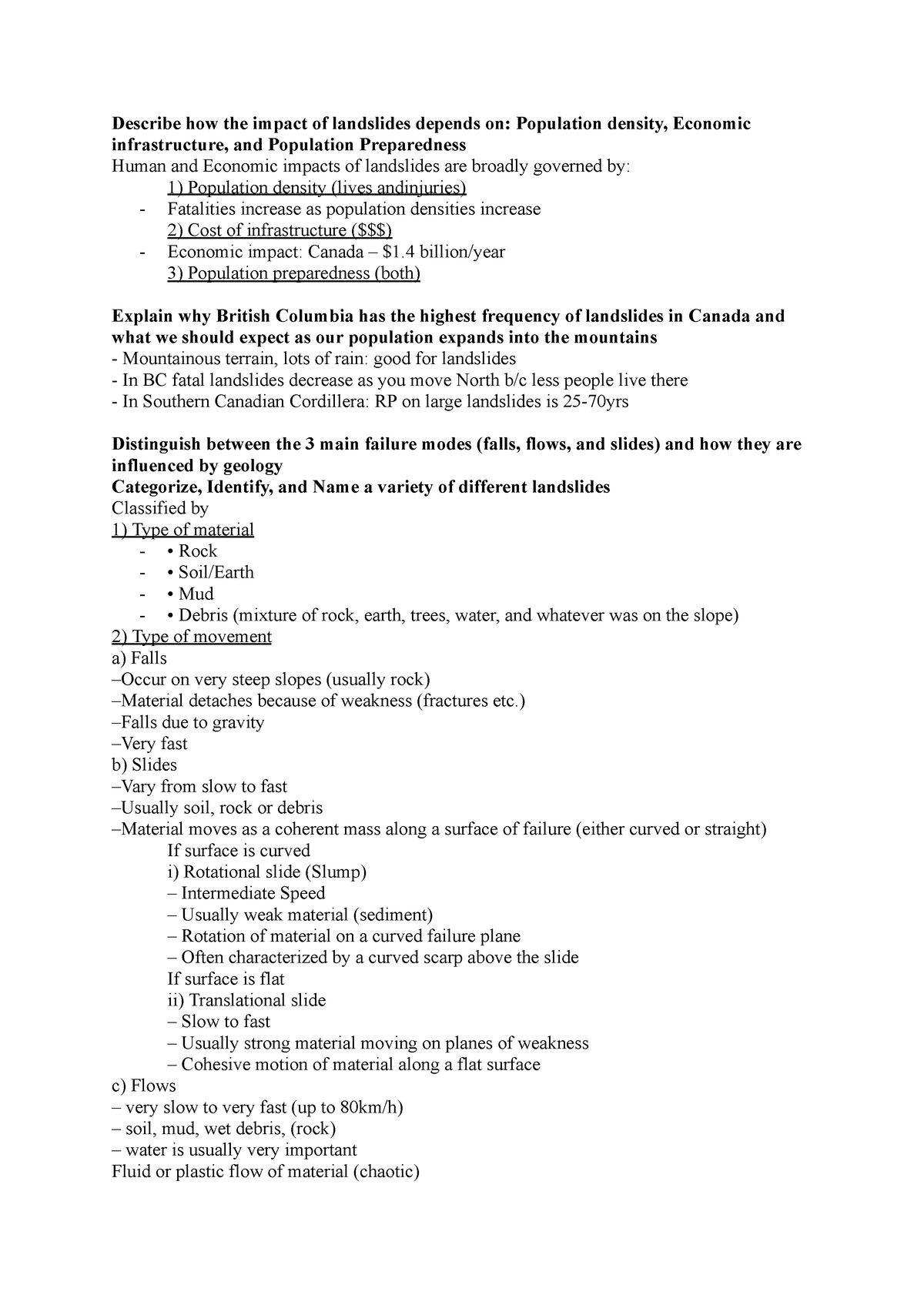 Landslides - notes - Describe how the impact of landslides depends on ...