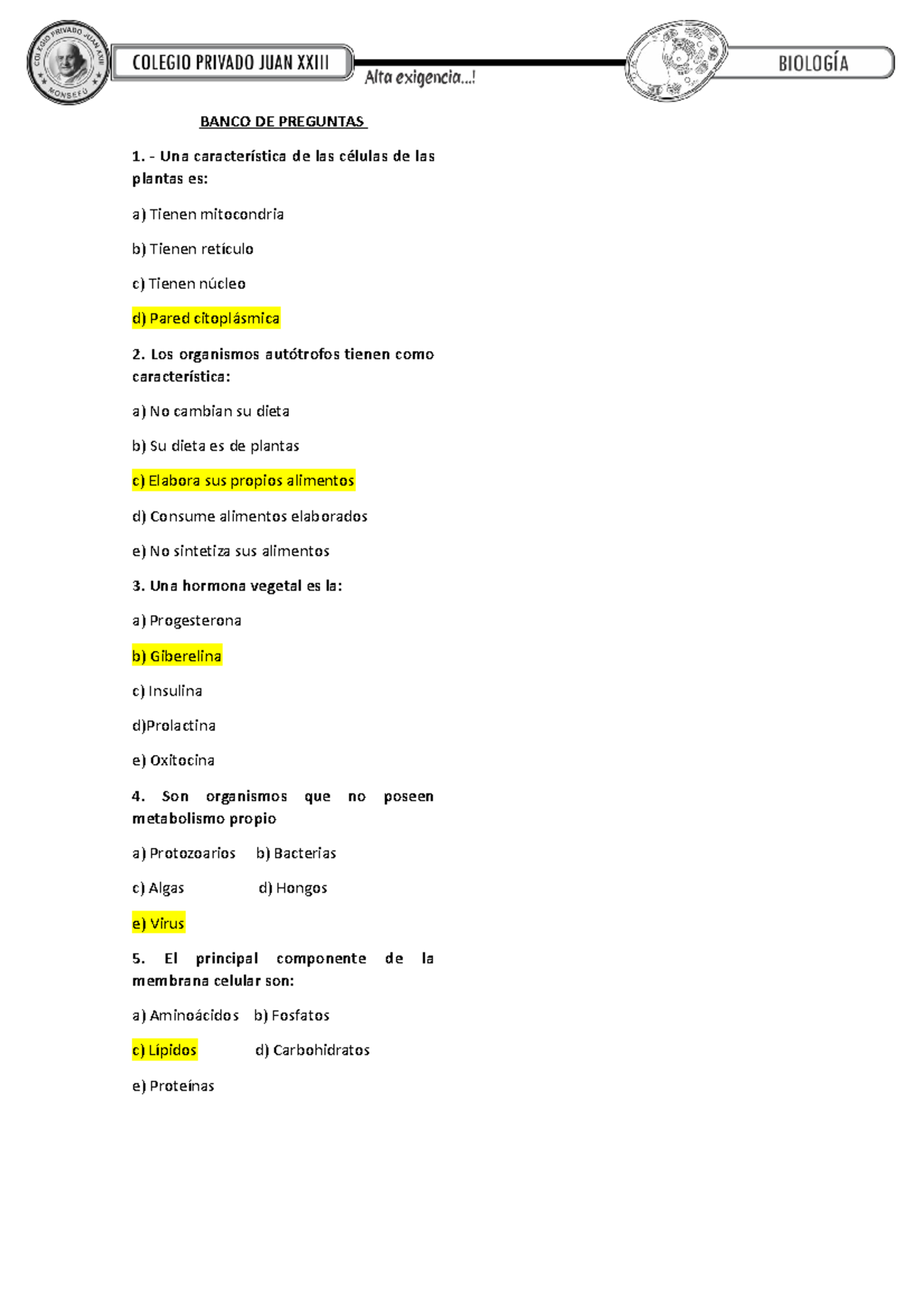 Simulacro Viernes 3RO- Biología - BANCO DE PREGUNTAS Una Característica ...