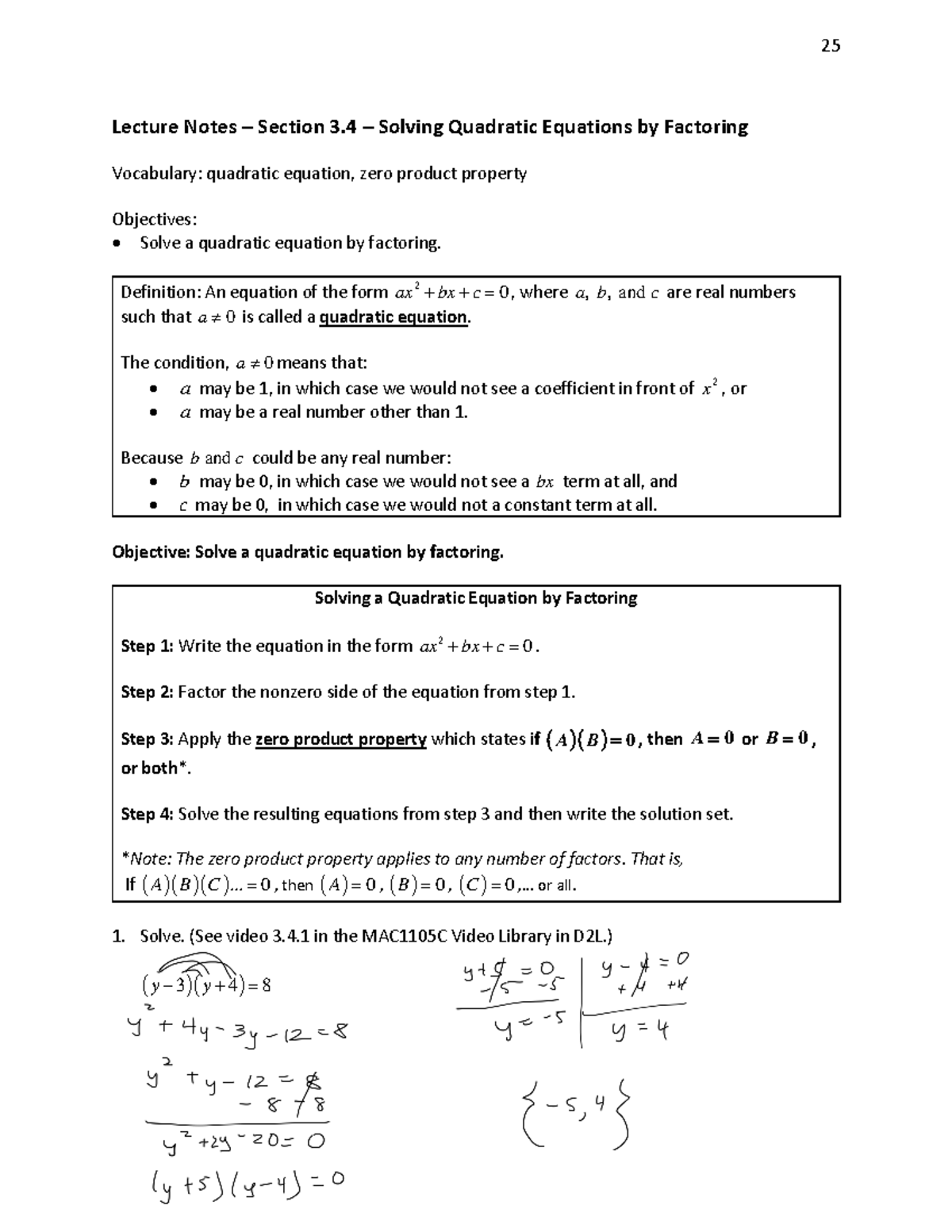 3.4 Lecture Notes - Lecture Notes – Section 3 – Solving Quadratic ...