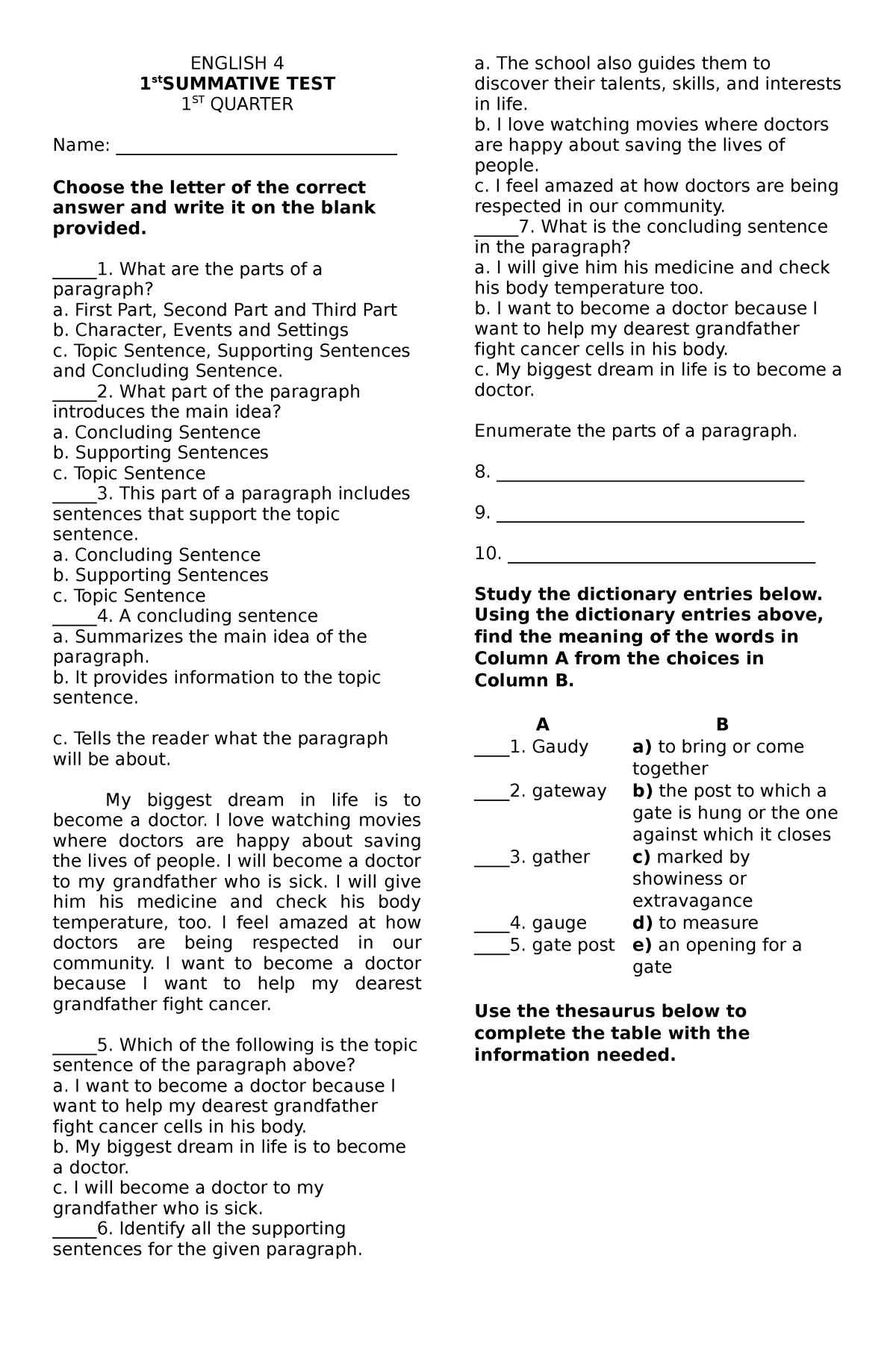 English 4 ST1 Q1 - SUMMATIVE TEST - ENGLISH 4 1 StSUMMATIVE TEST 1 ST ...