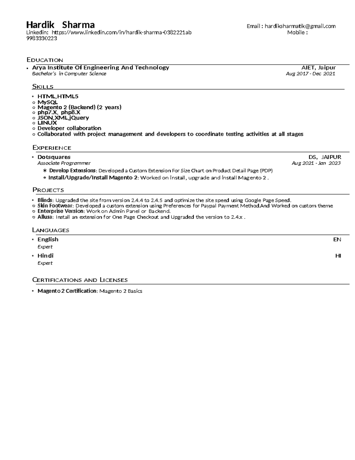 Hardik Cv - bbbbbbbbbbbbbbbbb - Hardik Sharma Email : hardiksharmatik ...