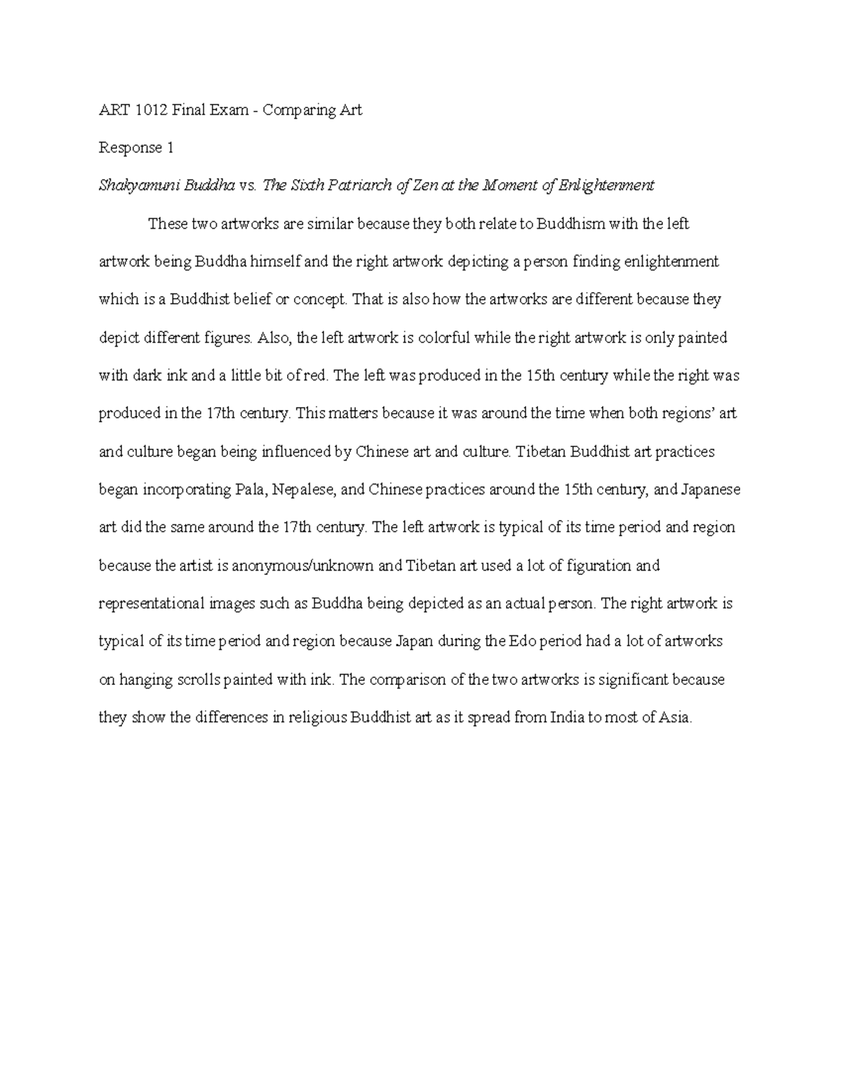 ART 1012 Final Exam Response 1 - ART 1012 Final Exam - Comparing Art ...