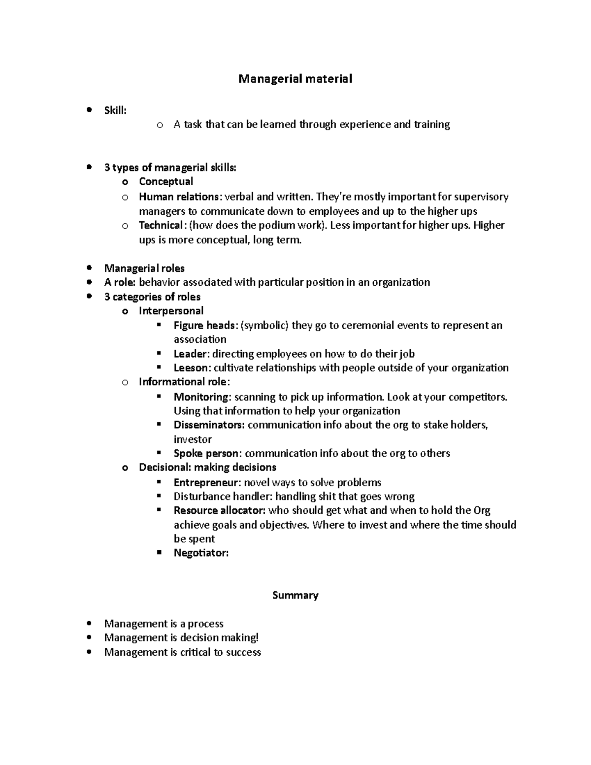 Managerial material - Lecture notes 5-7 - Managerial material Skill: o ...