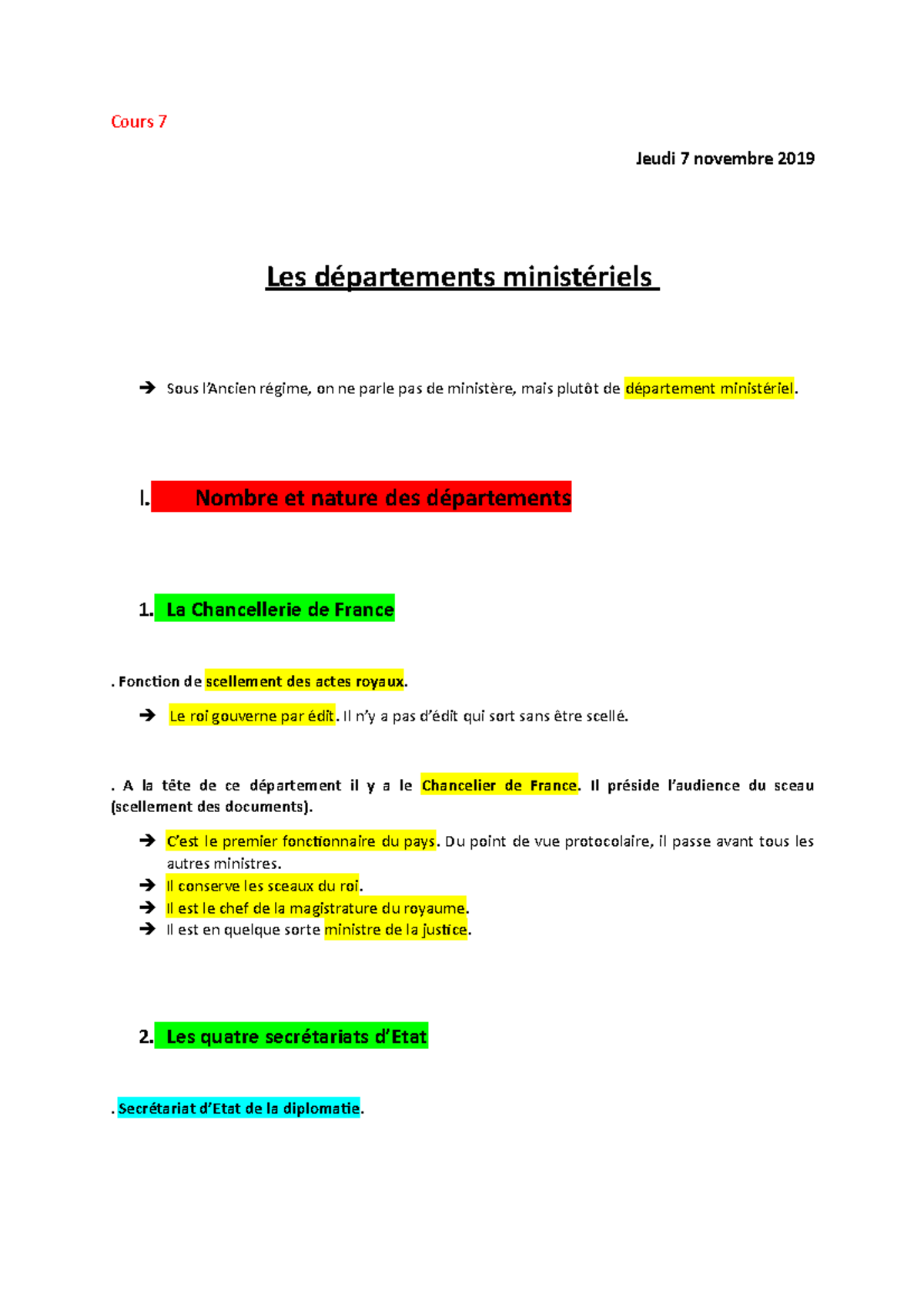 Les Départements Ministériels De L'Ancien Régime - Cours 7 Jeudi 7 ...