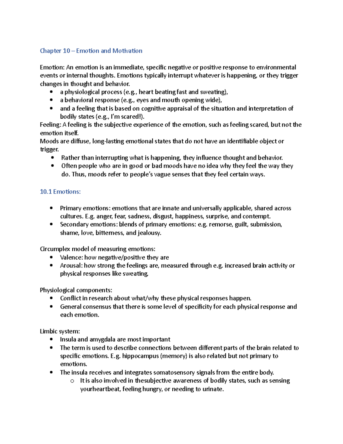 Chapter 10 - Lecture Notes 10 - Chapter 10 – Emotion And Motivation ...