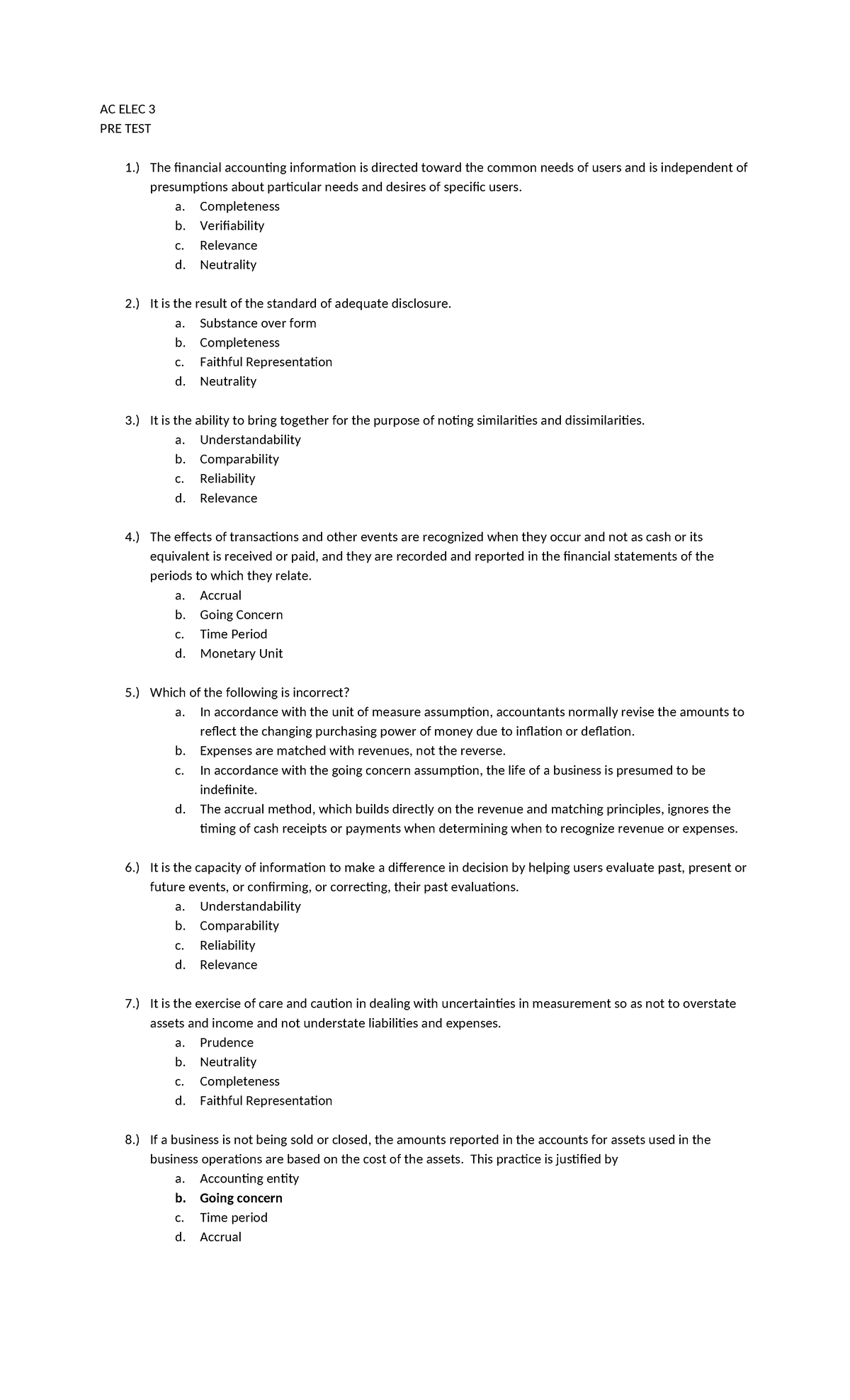 QUIZ 1 - print - exercises - AC ELEC 3 PRE TEST 1.) The financial ...