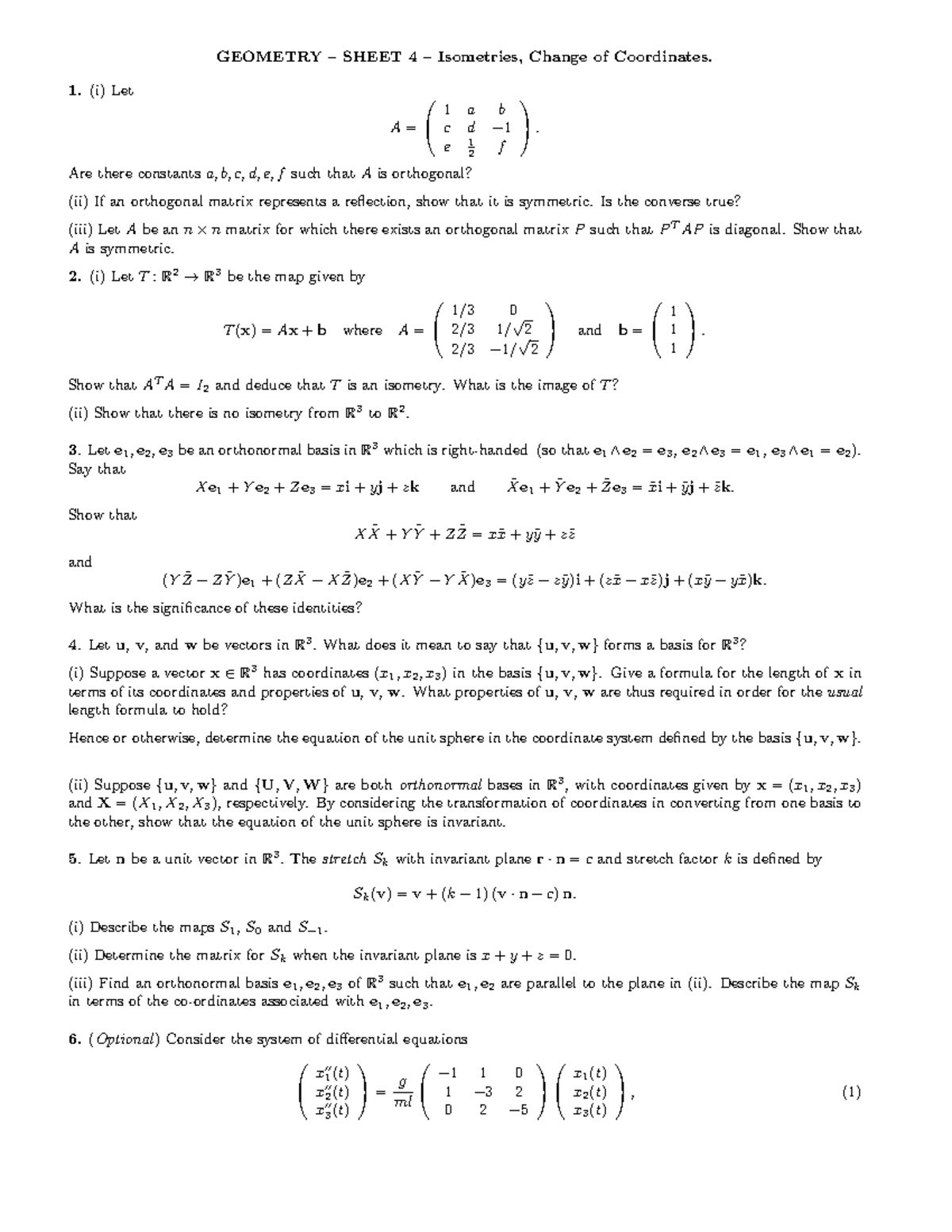 Sheet 4 - GEOMETRY – SHEET 4 – Isometries, Change of Coordinates. (i ...