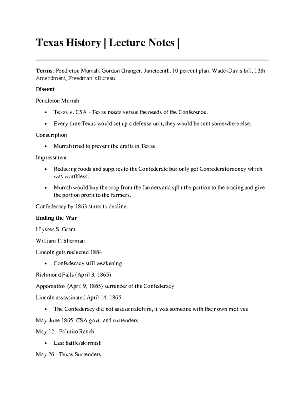 HIST-2301 Notes 11 - Texas History | Lecture Notes | Terms: Pendleton ...