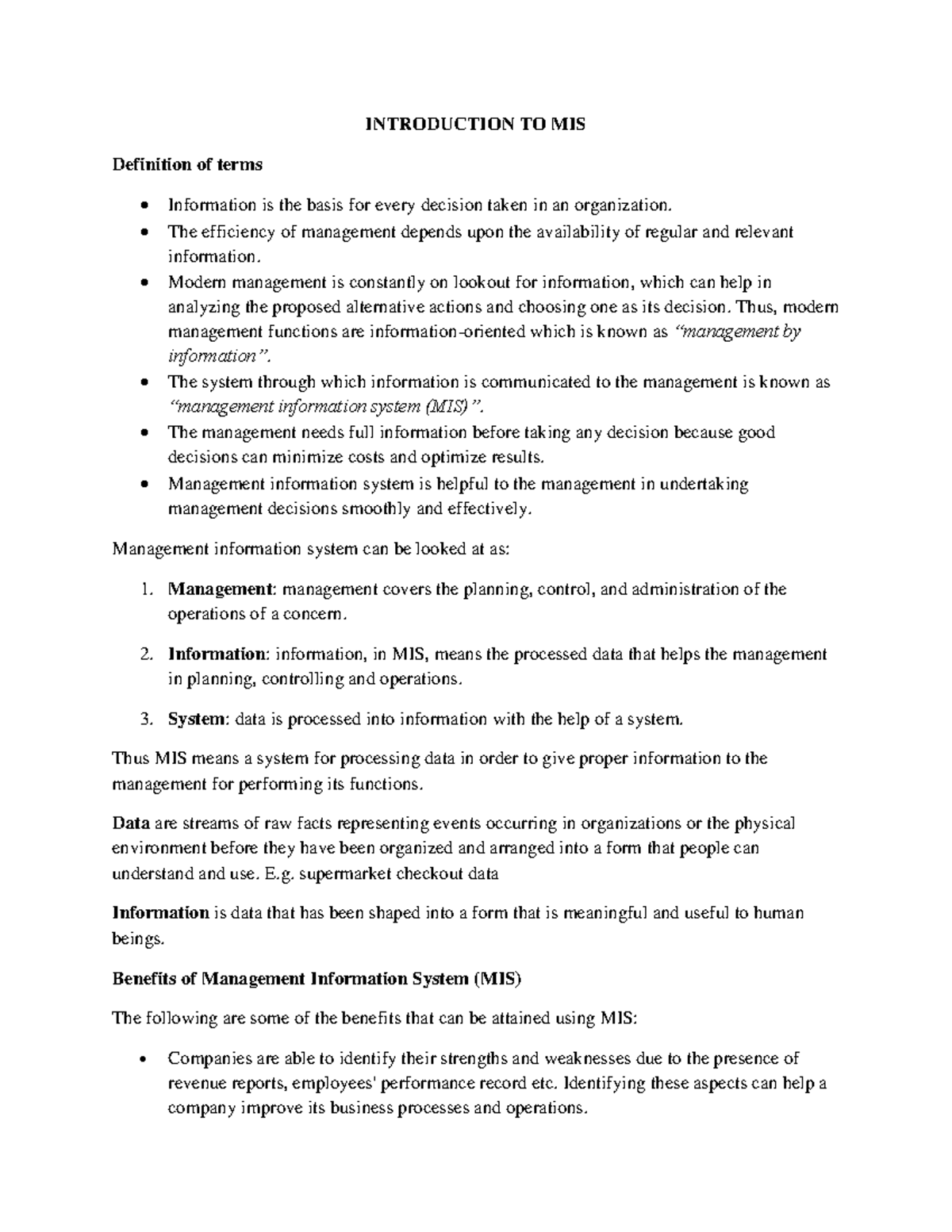 Introduction TO MIS - this are the lecture notes - INTRODUCTION TO MIS ...