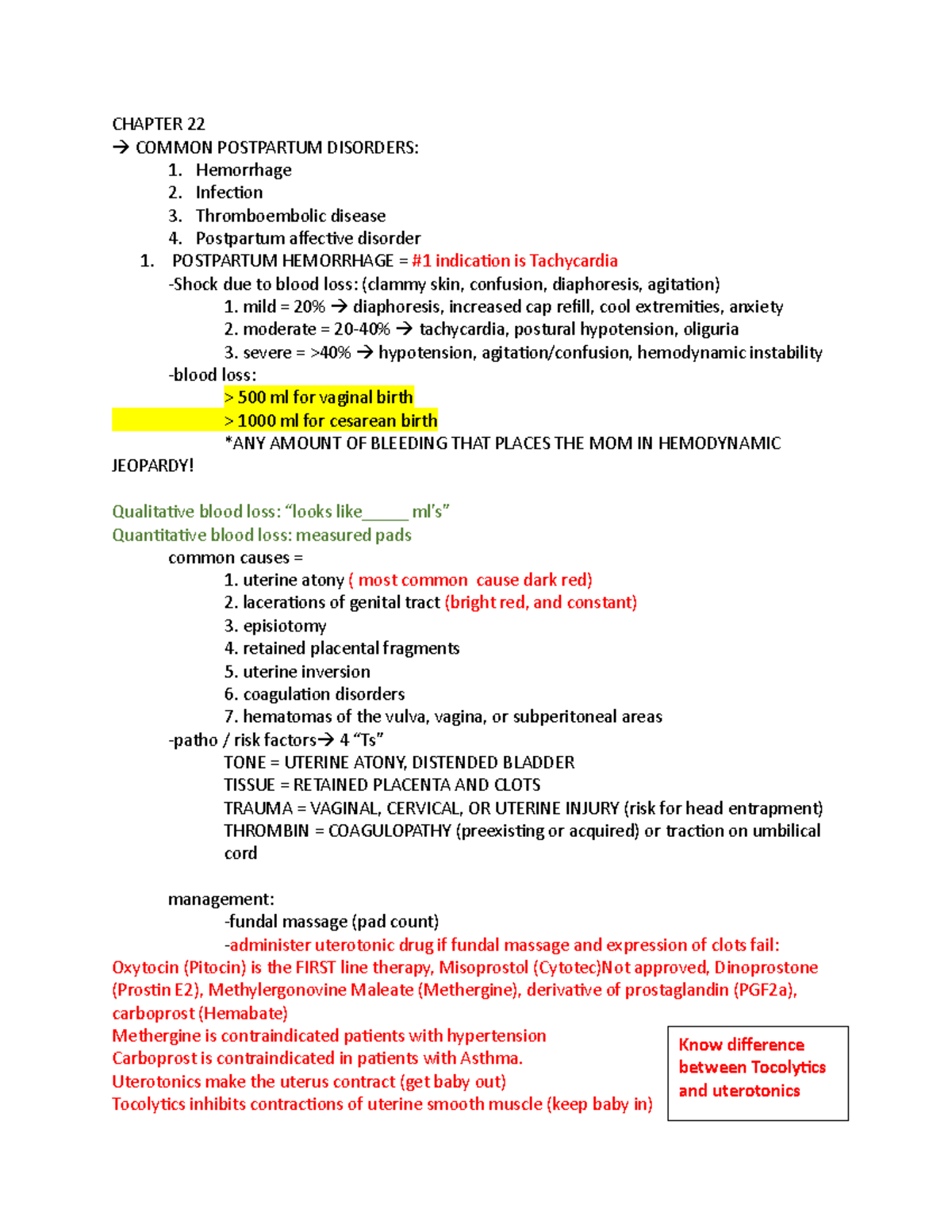 Notes 242 Chapters 22, 17, 18, 23 - CHAPTER 22 COMMON POSTPARTUM ...