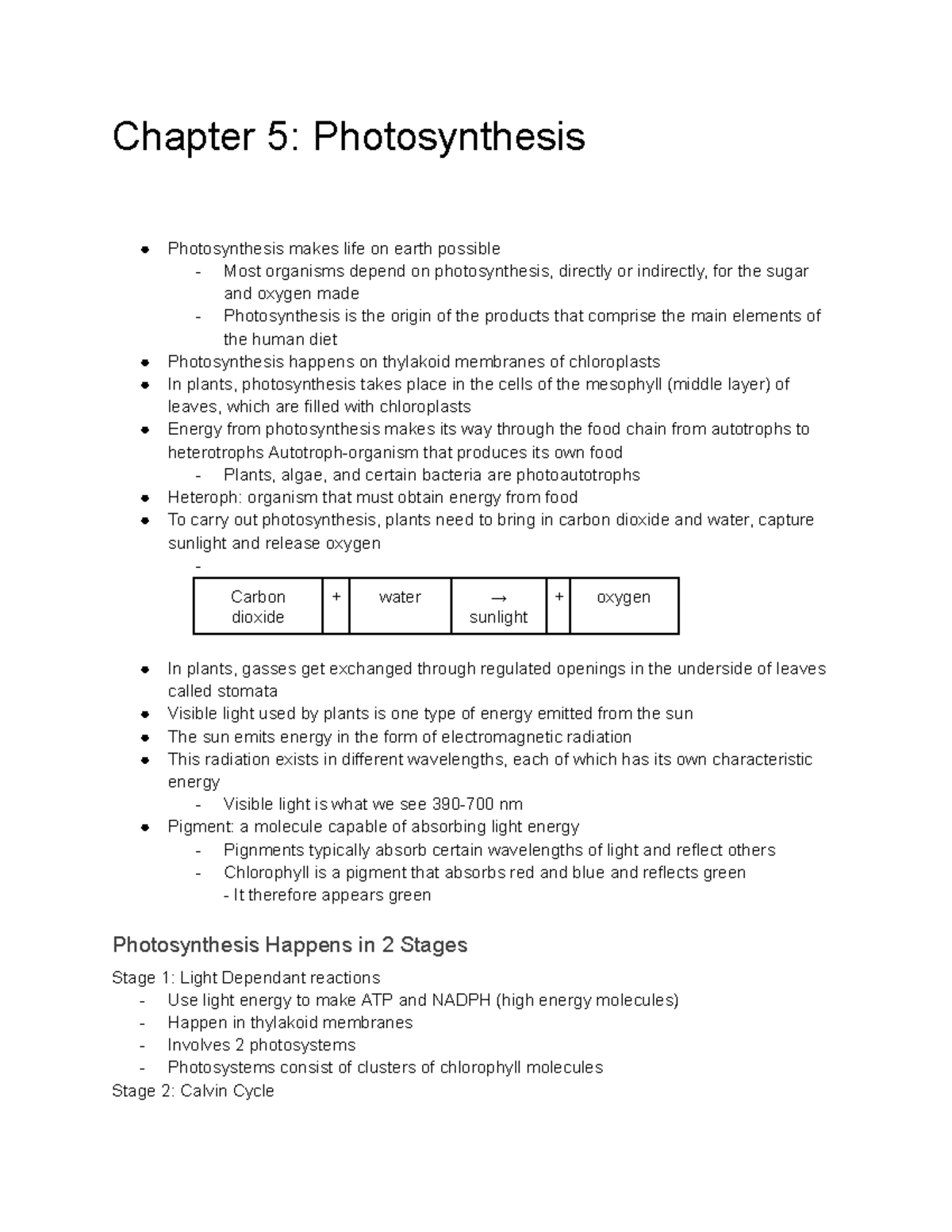 Chapter 5 Photosynthesis - Chapter 5: Photosynthesis Photosynthesis ...