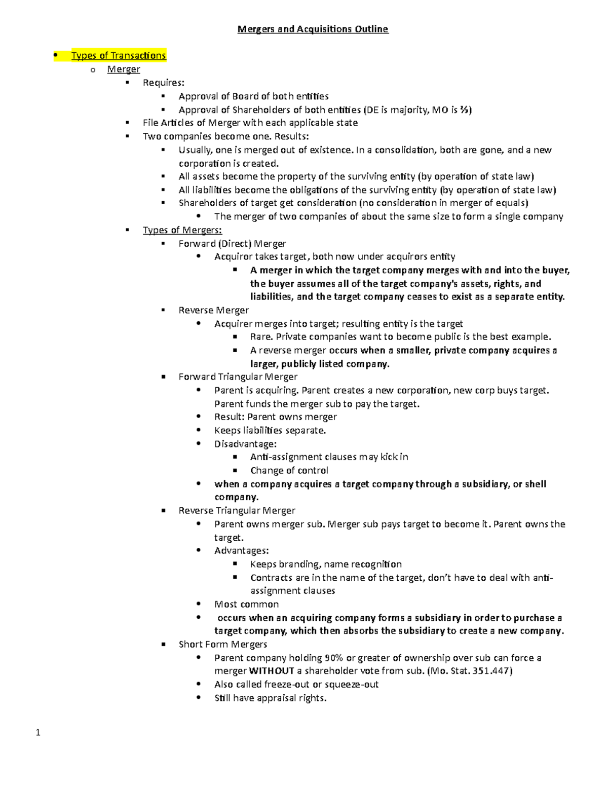 Outline B - Mergers And Acquisitions Outline Types Of Transactions O ...