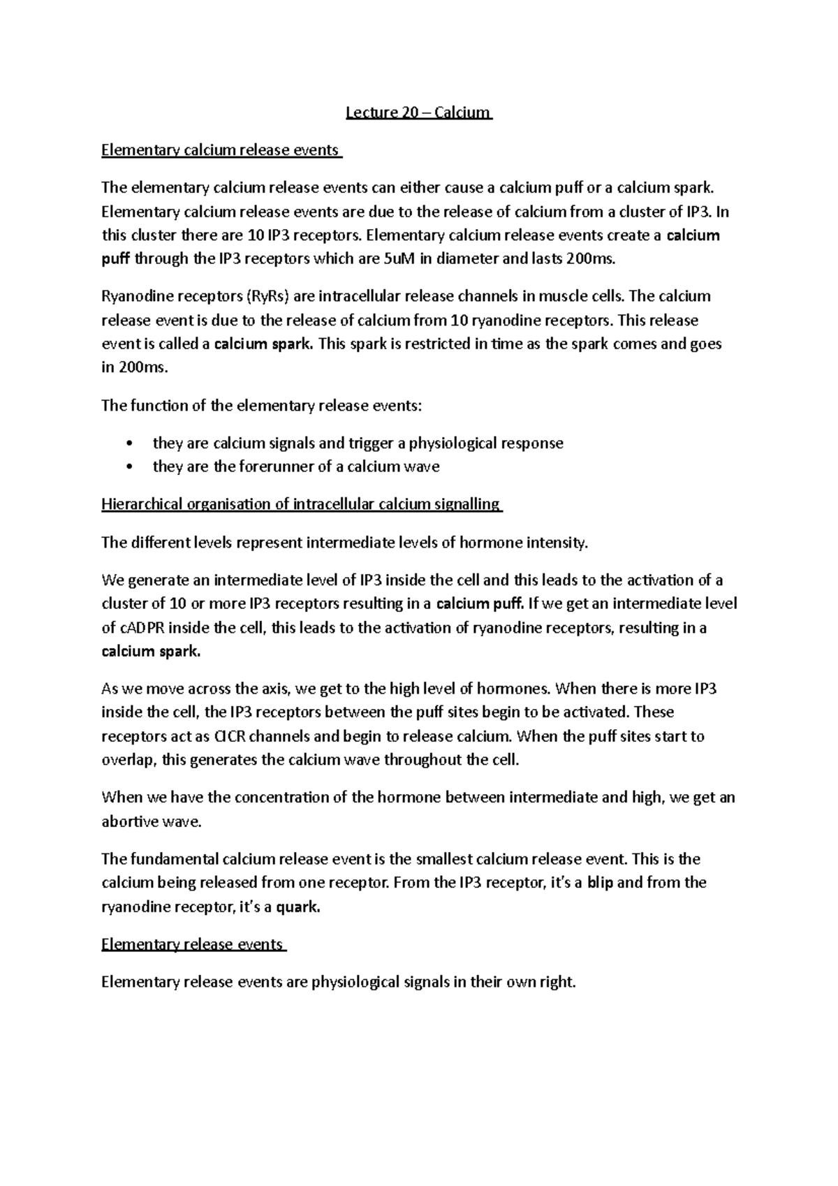 Lecture 20 more on calcium Lecture 20 Calcium Elementary calcium