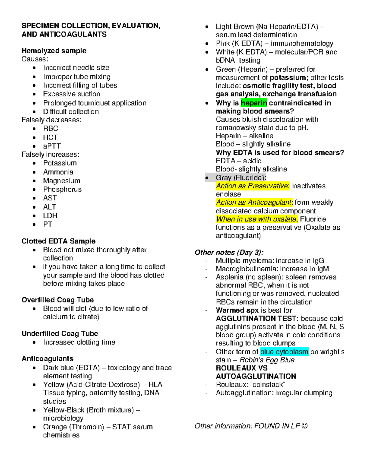 UIC MFI hematology notes SPECIMEN COLLECTION, EVALUATION, AND