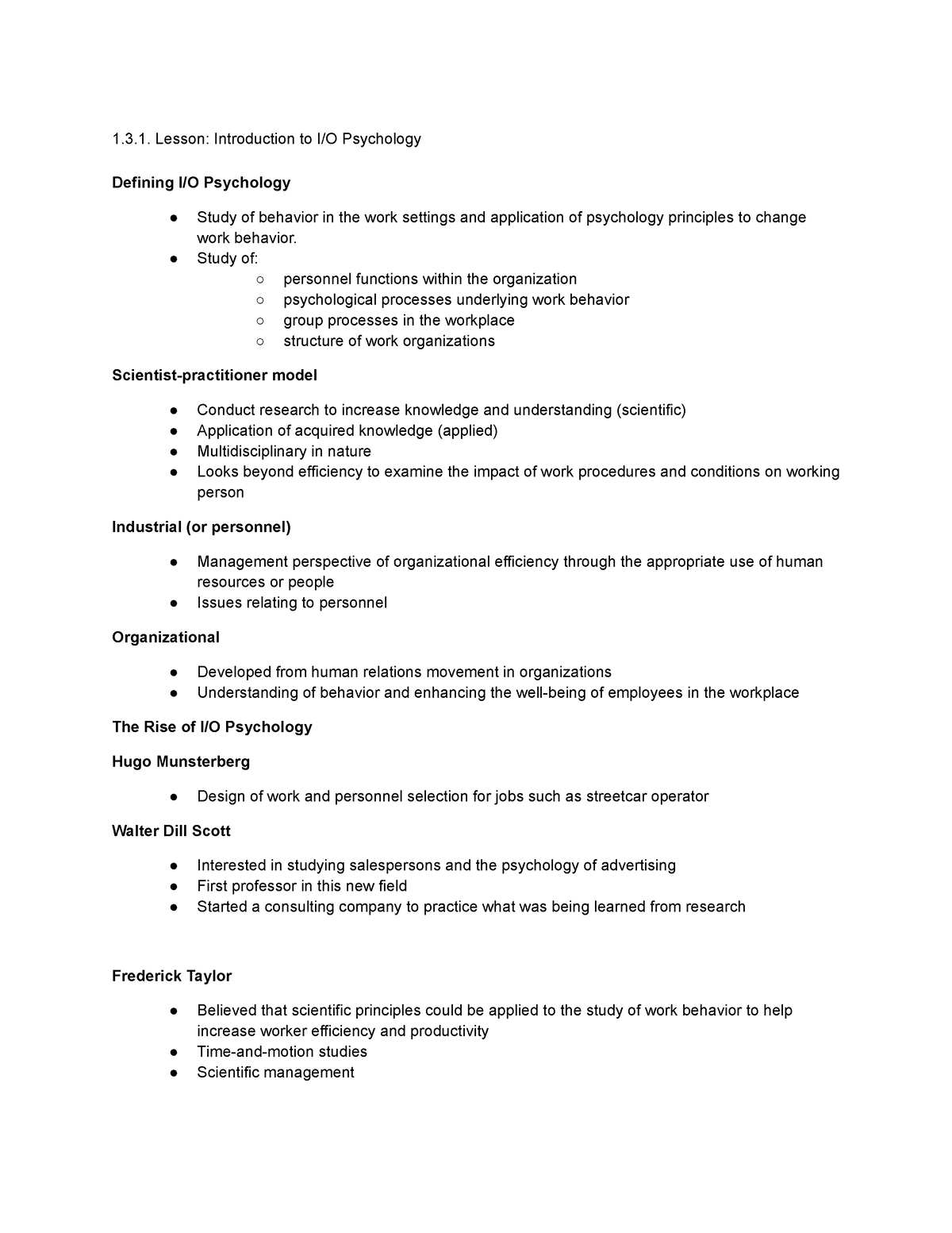 Copy of Midterm I O Psych - 1.3. Lesson: Introduction to I/O Psychology ...