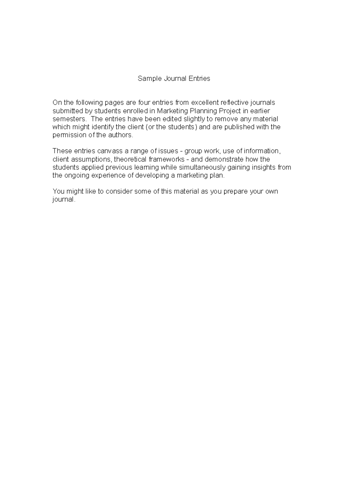 Sample Journal Entries - The entries have been edited slightly to ...
