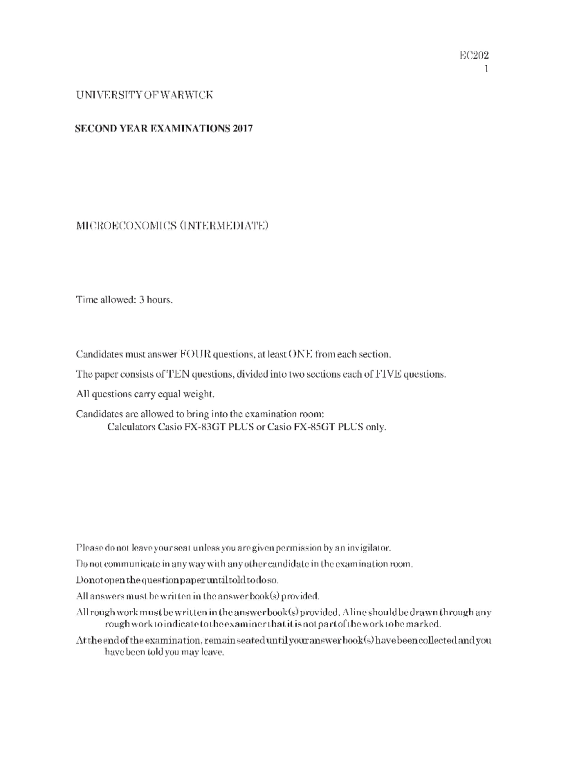 Exam 2017, Questions - EC202 UNIVERSITY OF WARWICK SECOND YEAR ...