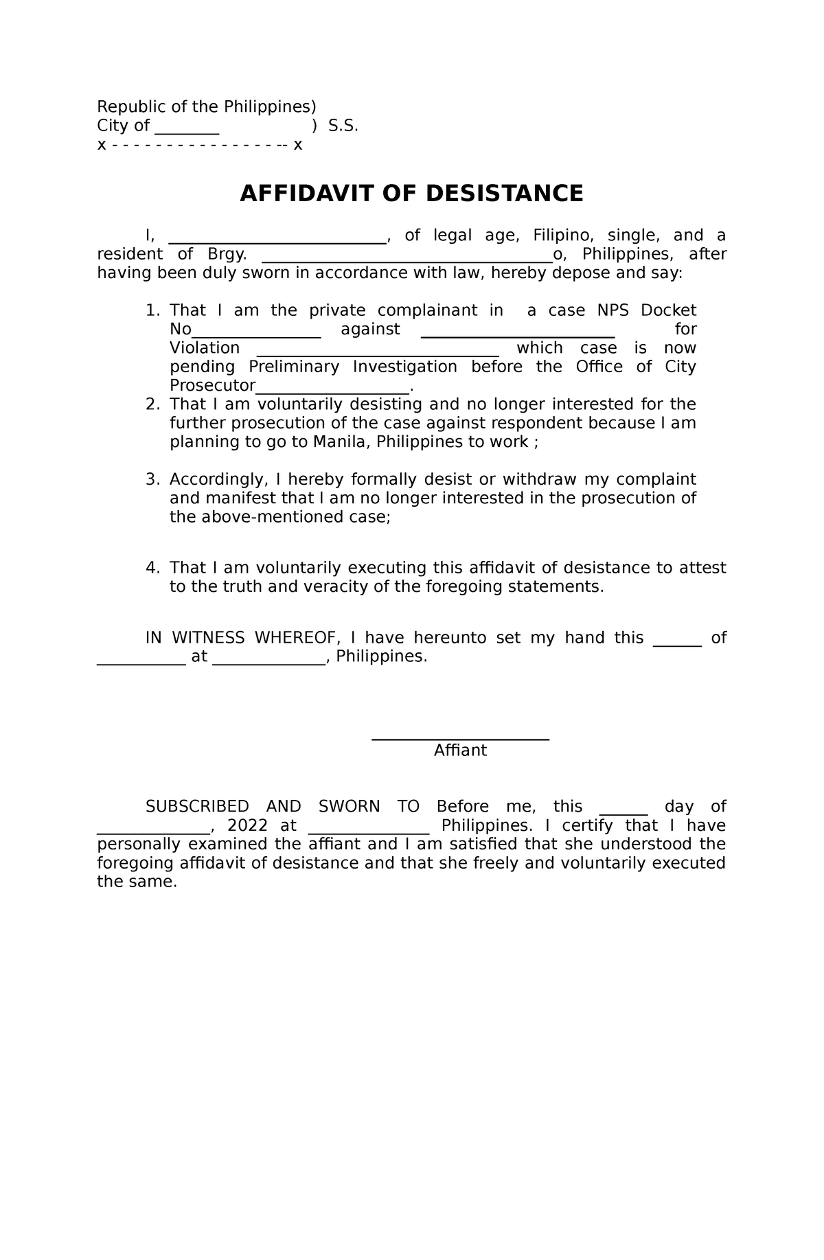 Affidavit Of Desistance Sample Republic Of The Philippines City Of S X X 4025