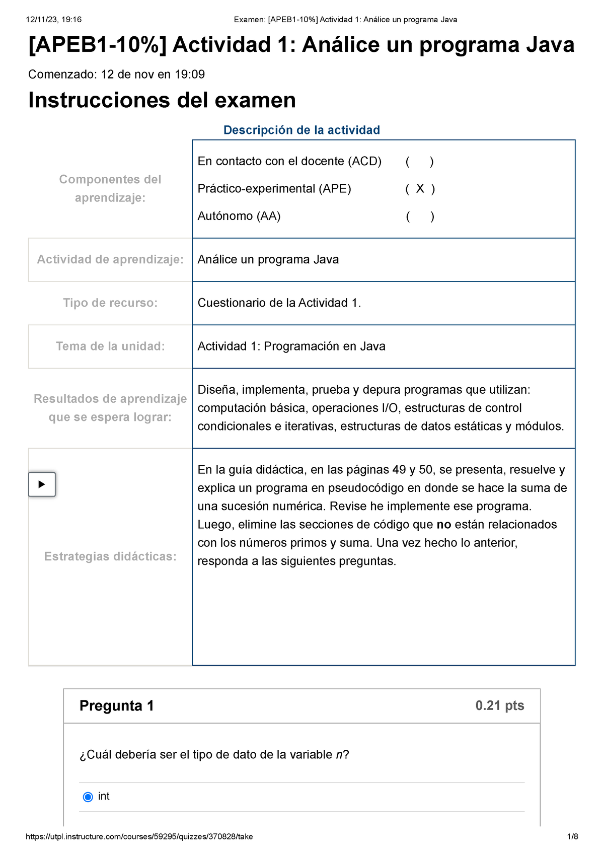 Examen [APEB 1-10%] Actividad 1 Análice Un Programa Java Funda Prog ...