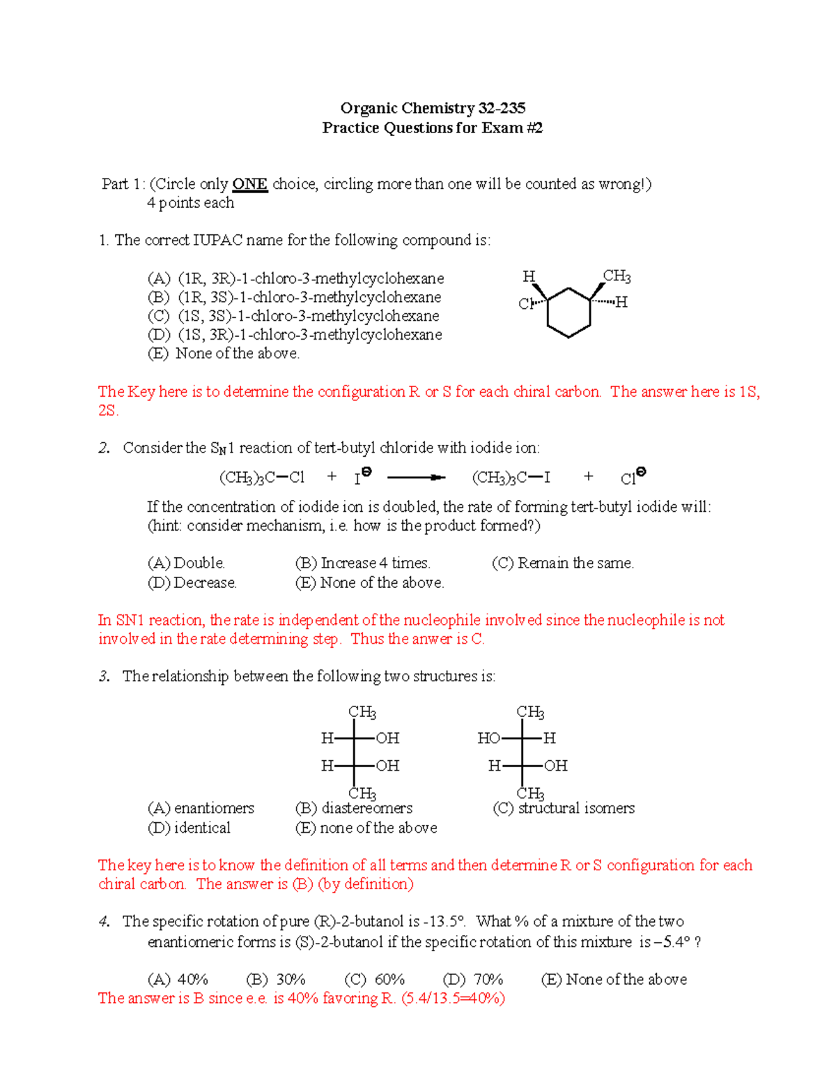 Exam 2, questions and answers - Organic Chemistry Practice Questions ...