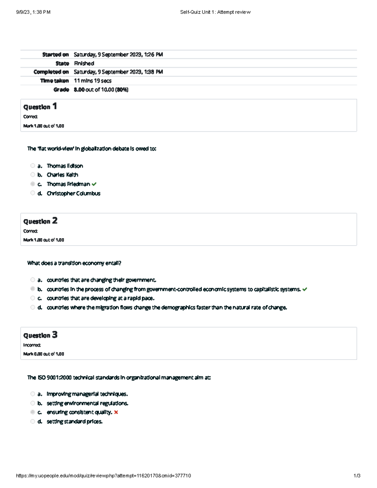 BUS 2207 Self-Quiz Unit 1 Attempt 1 Review - 9/9/23, 1:38 PM Self-Quiz ...