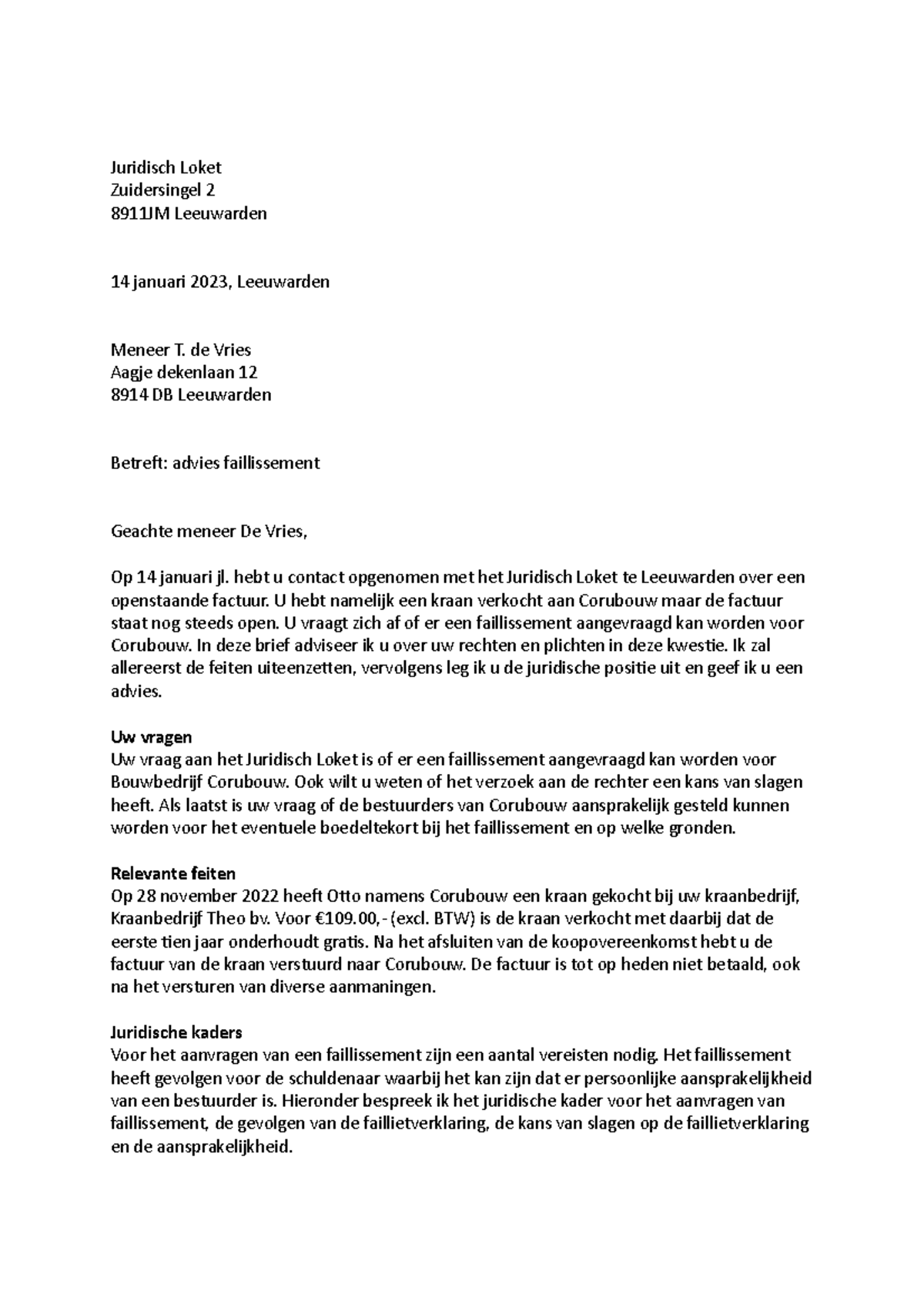 Adviesbrief Faillissement - Juridisch Loket Zuidersingel 2 8911JM ...