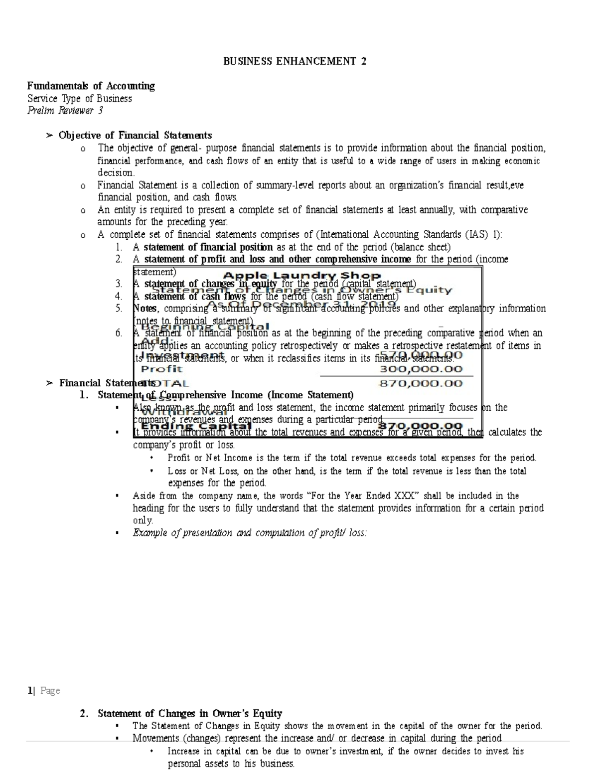 Business Enhancement 2 - Fundamentals of Accounting Prelim (Financial ...
