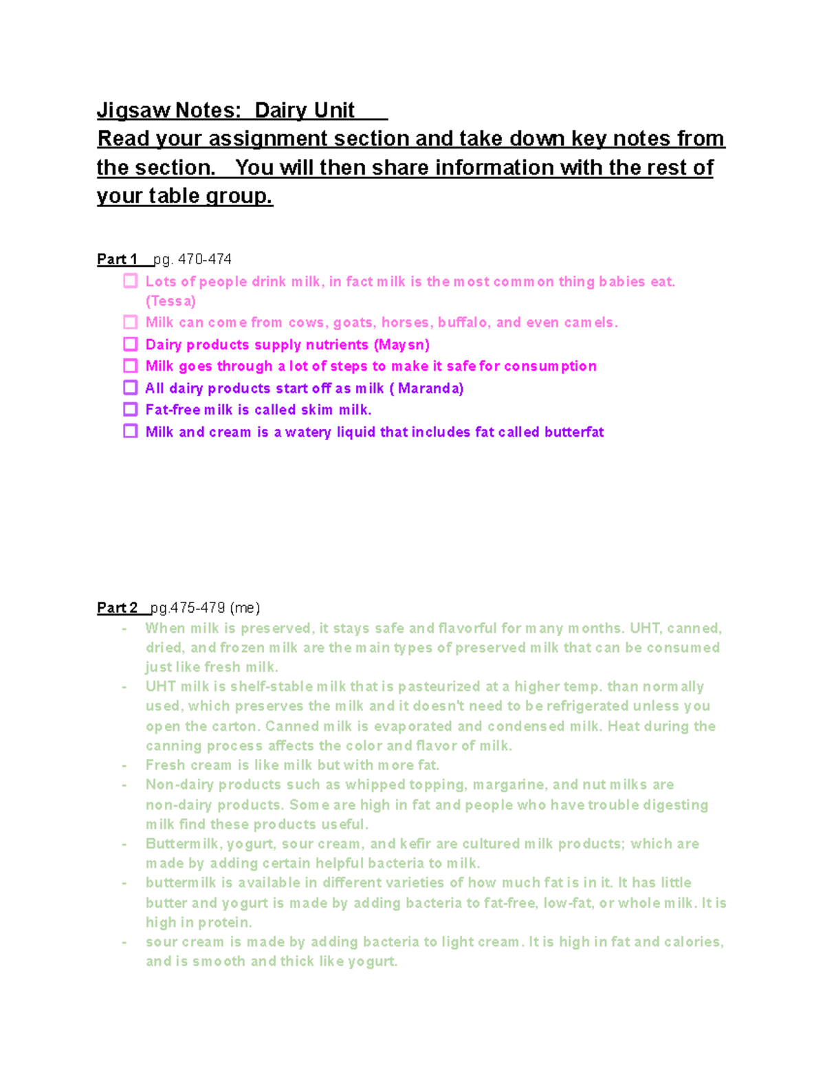 Jigsaw Notes Dairy Unit Jigsaw Notes Dairy Unit Read your assignment section and take down