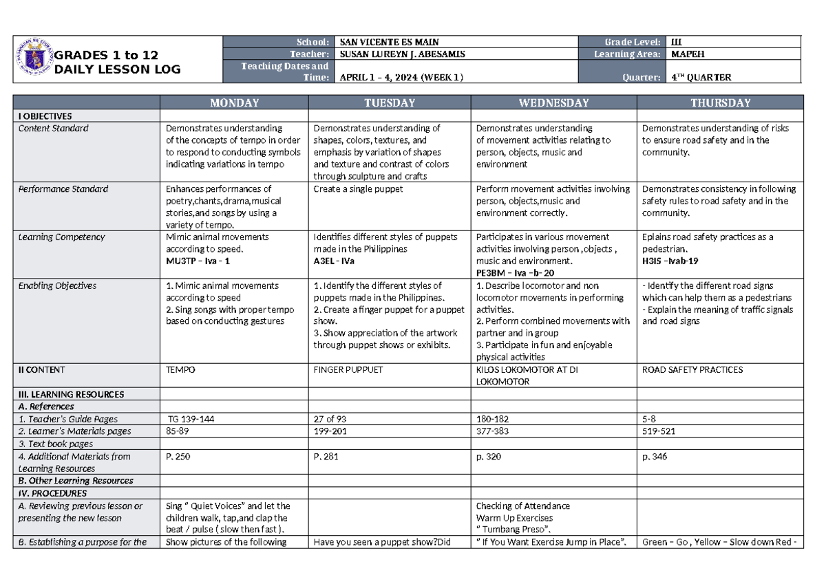 DLL Mapeh 3 Q4 W1 - afdaw - GRADES 1 to 12 DAILY LESSON LOG School: SAN ...