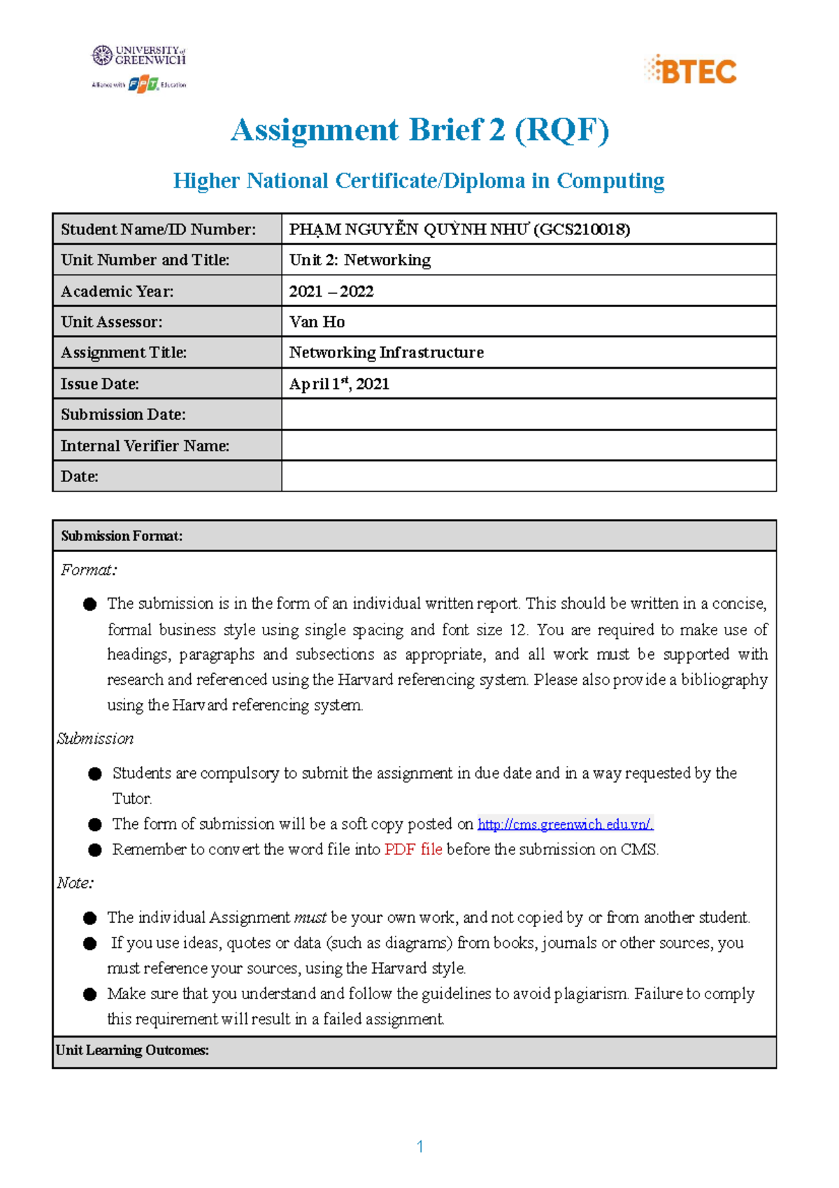 1 Unit 2 - Assignment brief 2 - Assignment Brief 2 (RQF) Higher ...