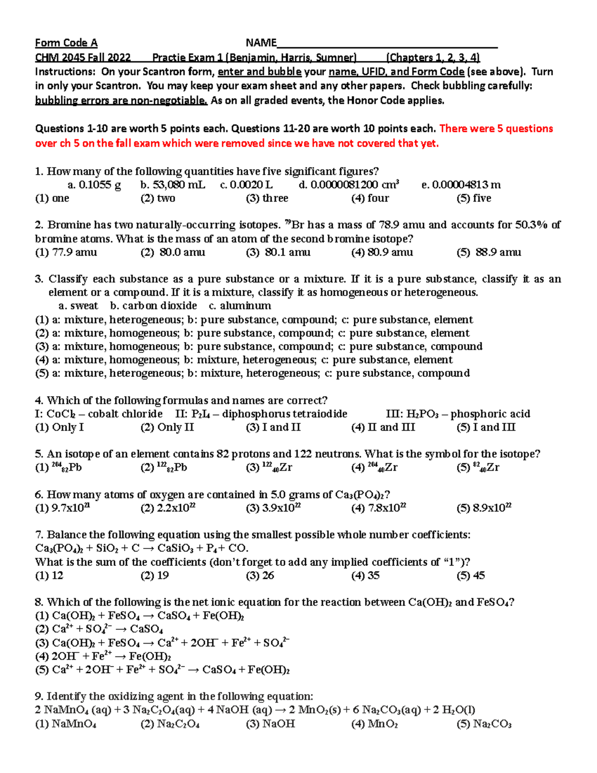 Practice exam 1 from FA22 - Form Code A NAME ...