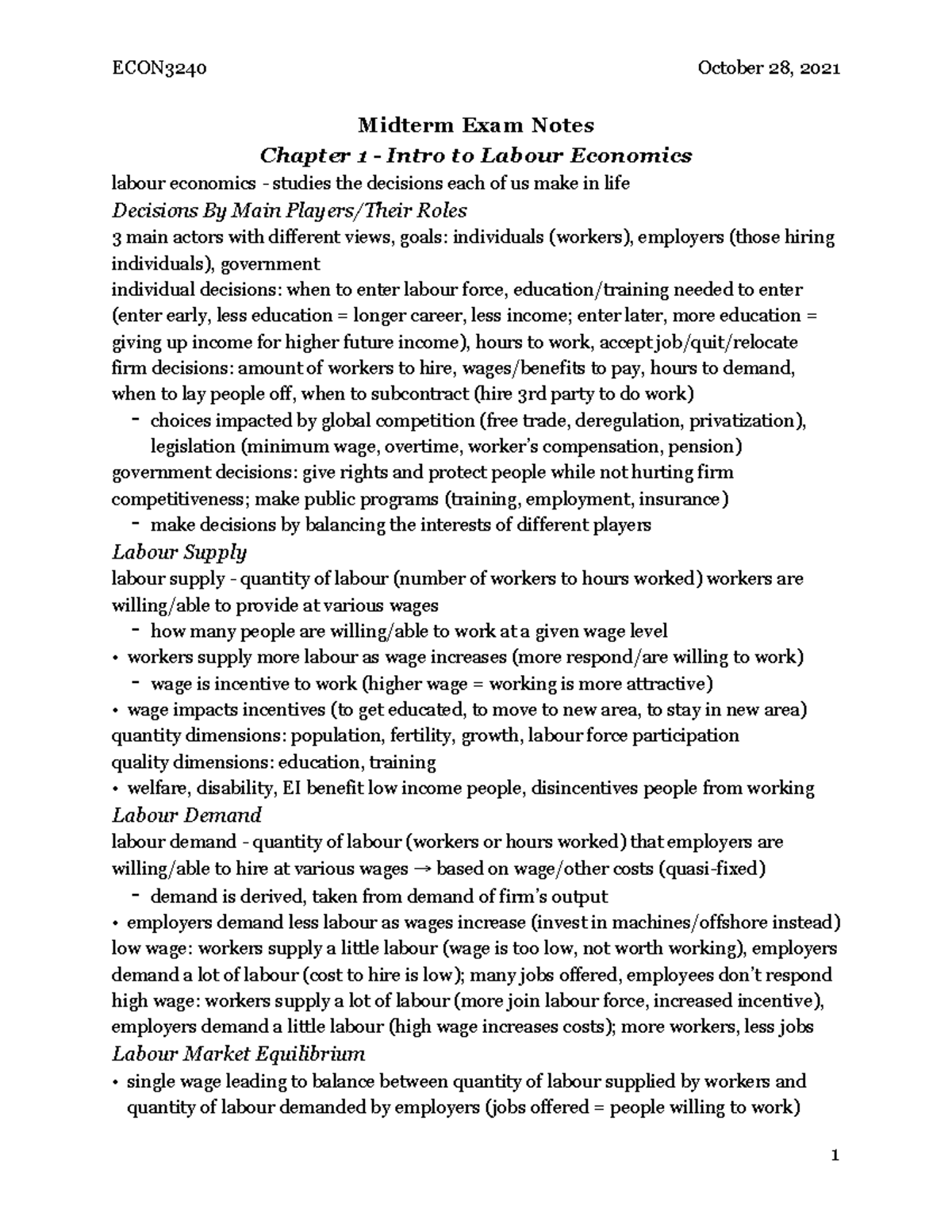 ECON Midterm Notes - Midterm Exam Notes Chapter 1 - Intro to Labour ...