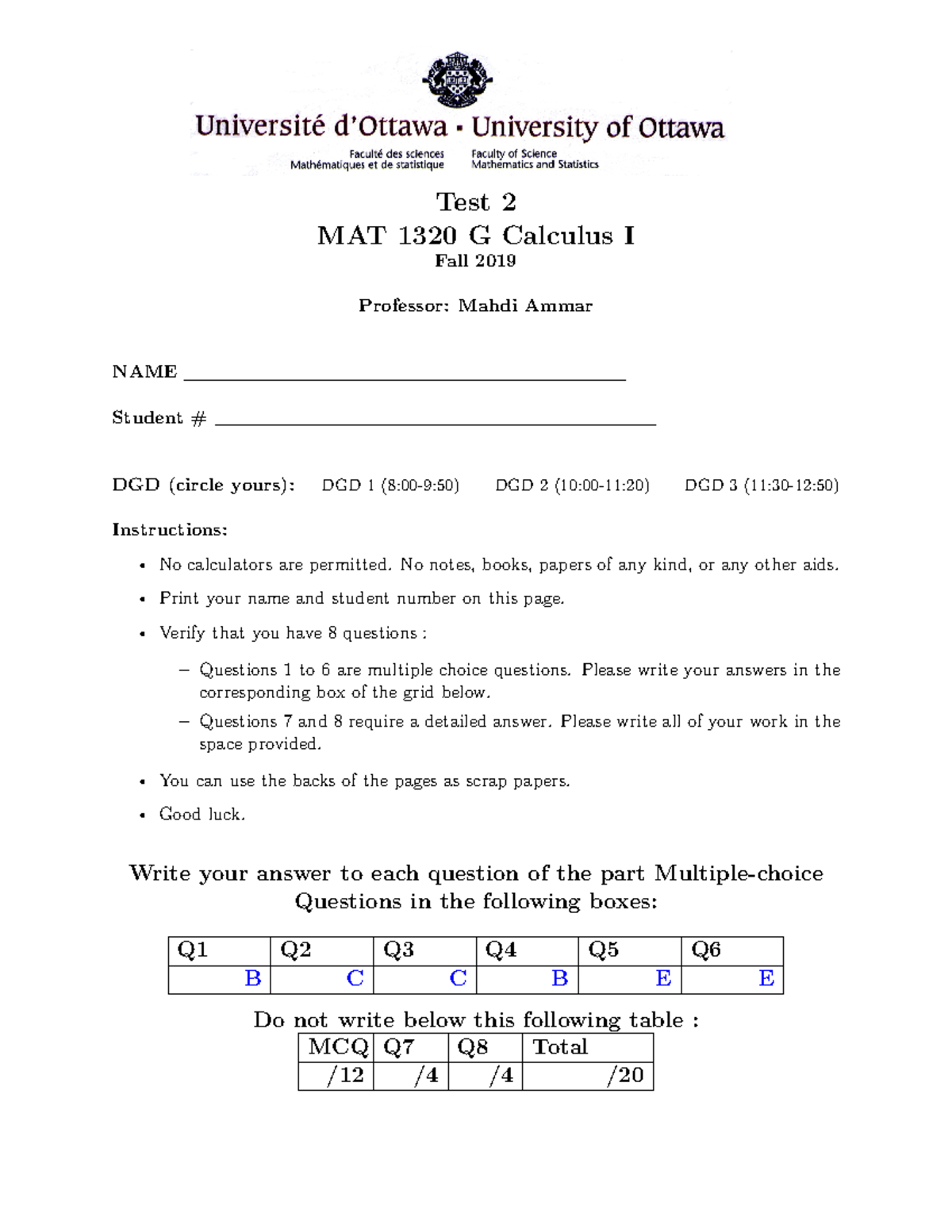 Midterm 2 With Solutions (2019) - Test 2 MAT 1320 G Calculus I Fall ...