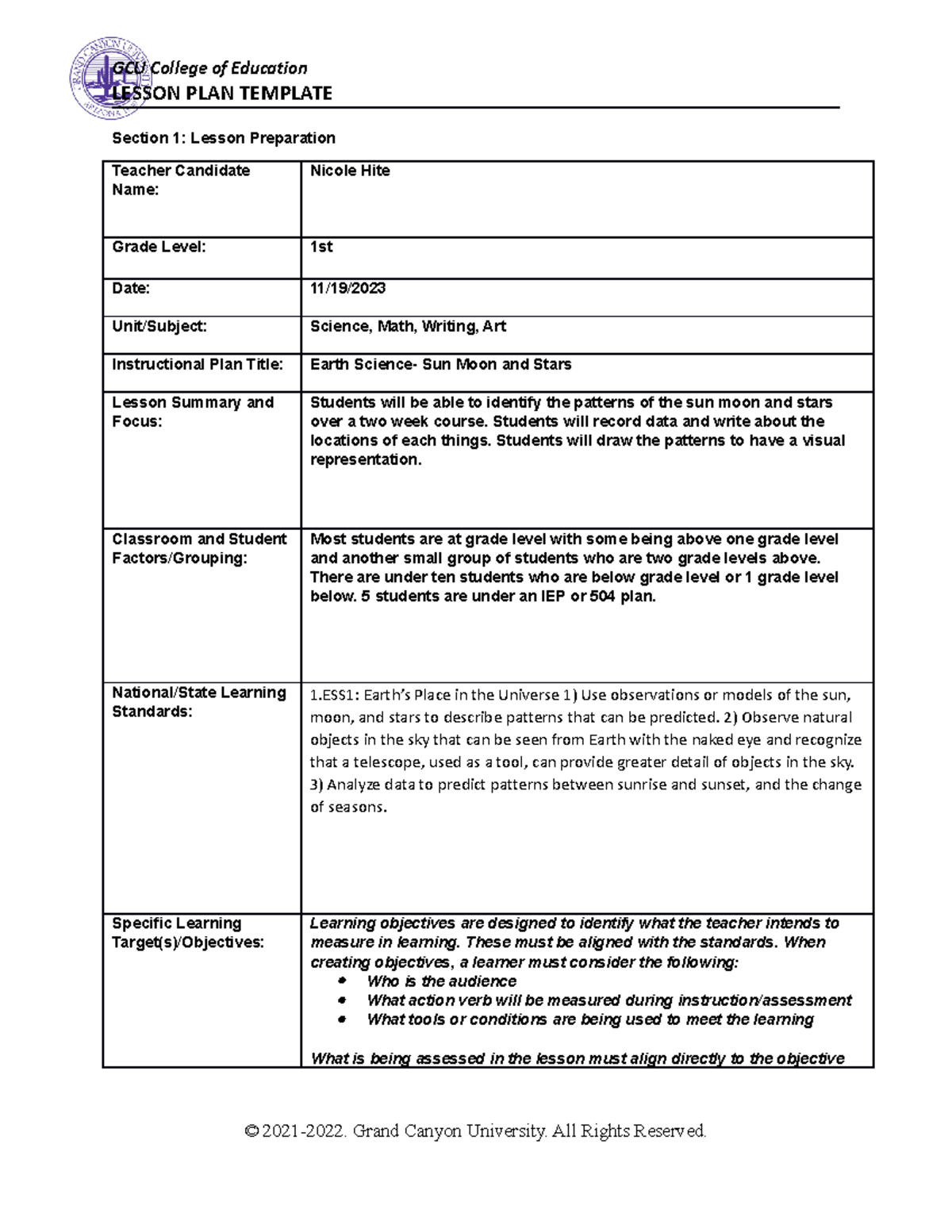 Science Lesson plan ELM 361 - LESSON PLAN TEMPLATE Section 1: Lesson ...