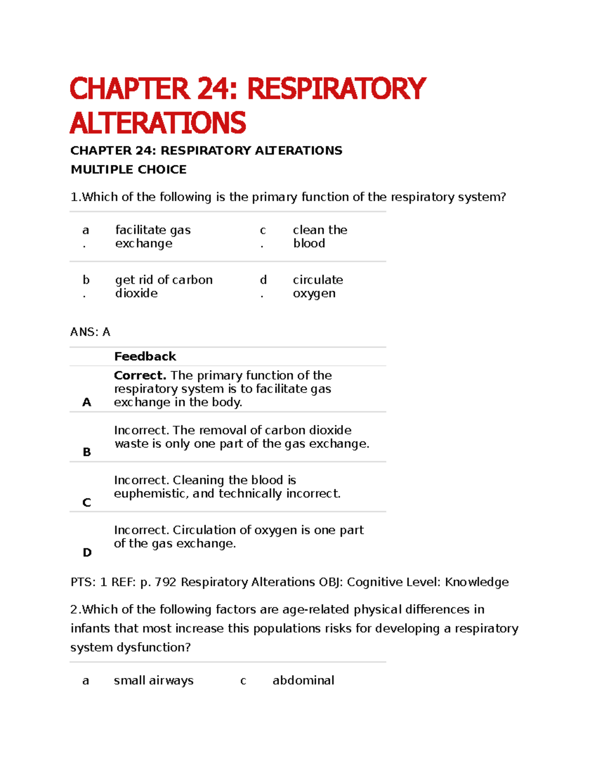 Chapter 24 Practice Questions - CHAPTER 24: RESPIRATORY ALTERATIONS ...