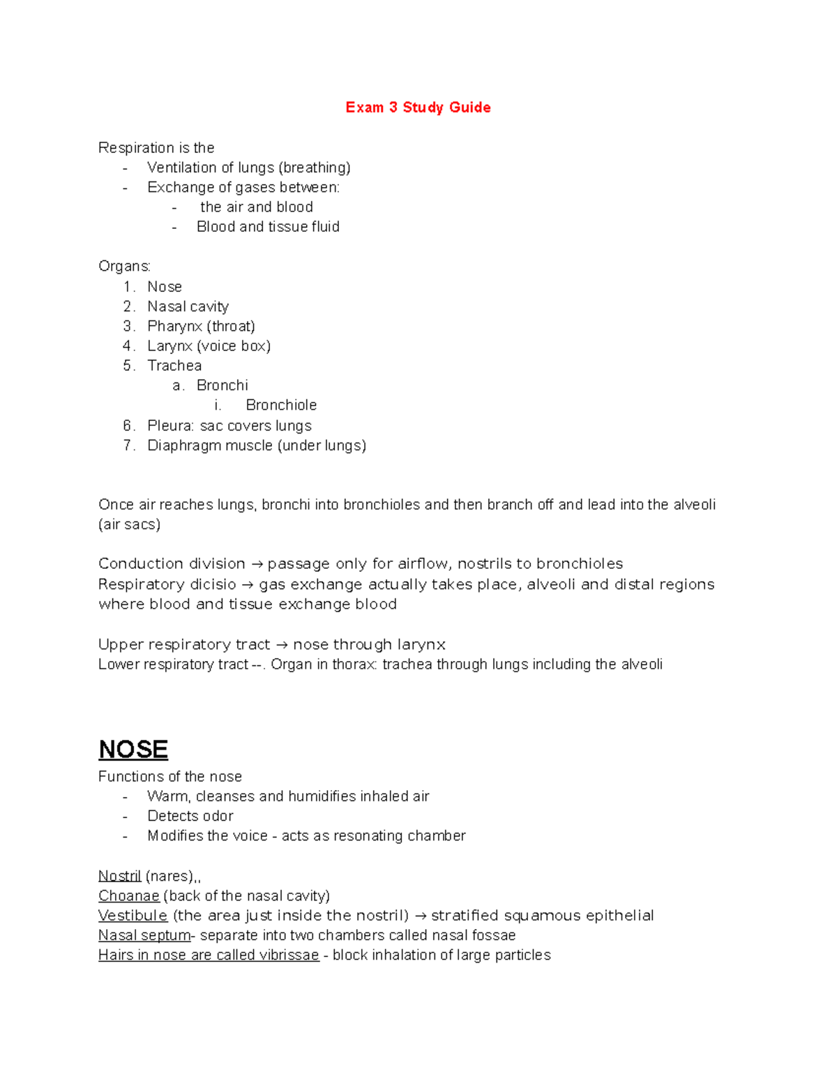 Exam 3 Study Guide - Exam 3 Study Guide Respiration is the ...