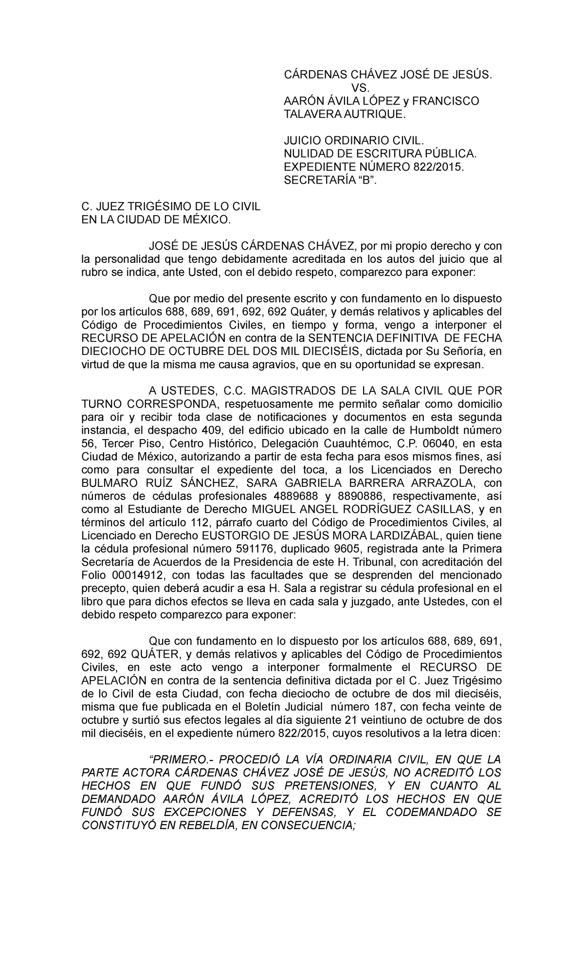 Apelacion Contra Sentencia Definitiva OR - CÁRDENAS CHÁVEZ JOSÉ DE ...