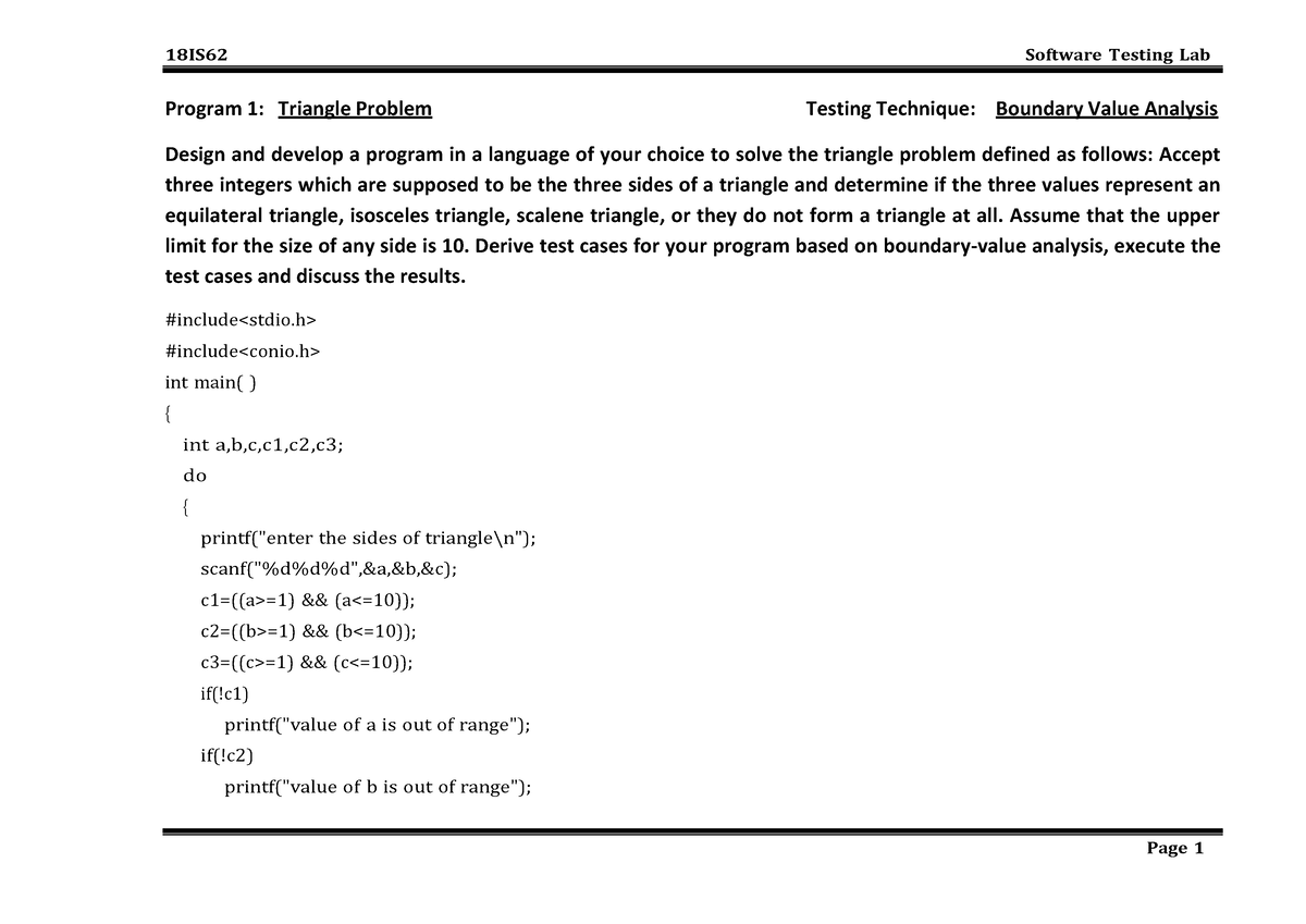 Software Testing Lab Manual For VTU 6th - Program 1: Triangle Problem ...