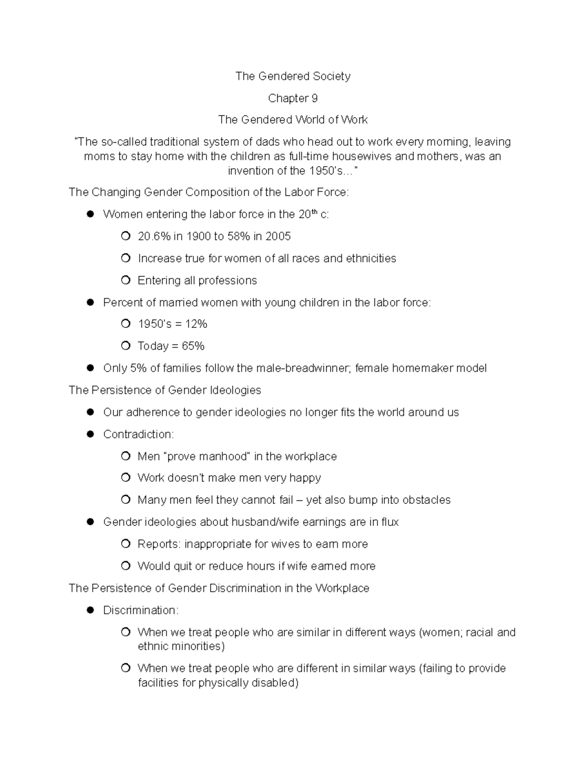 The Gendered Society Chapter 9 The Gendered World of Work - cities or ...