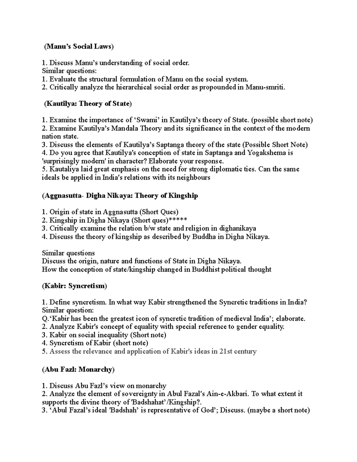 Amipt Questions (Manu’s Social Laws) Discuss Manu’s understanding of