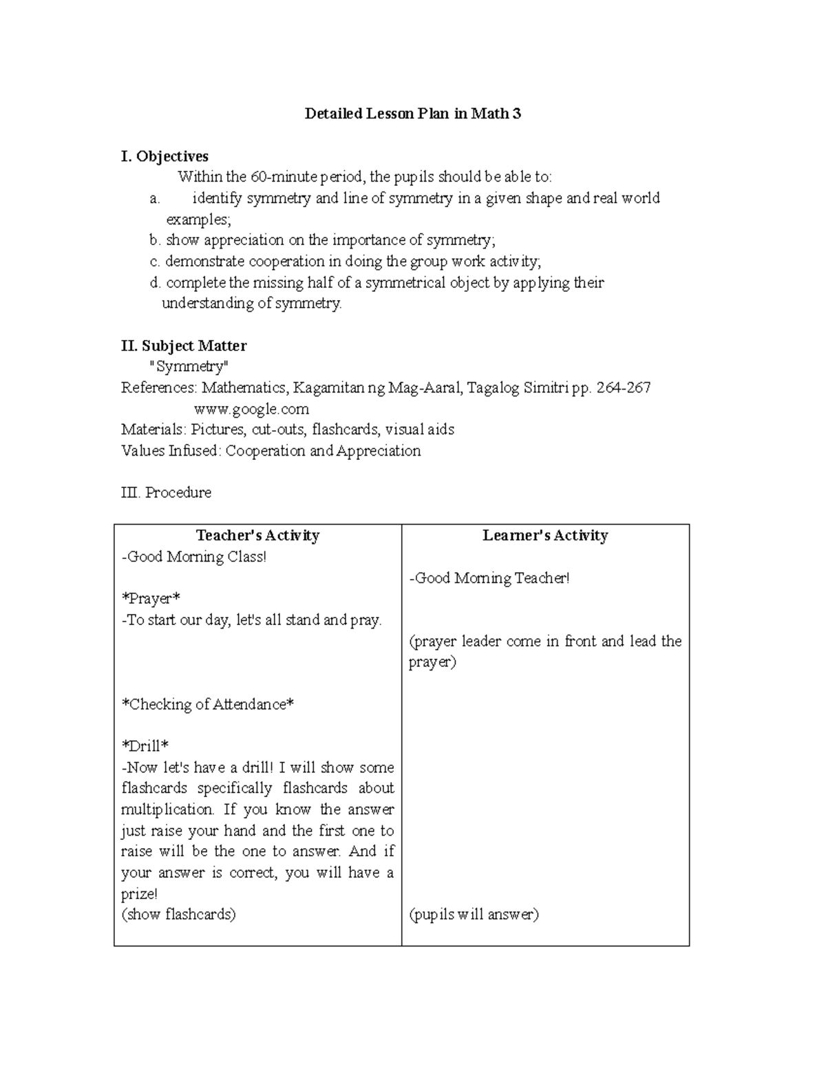 Detailed Lesson Plan in Math 3 Symmetry - Detailed Lesson Plan in Math ...