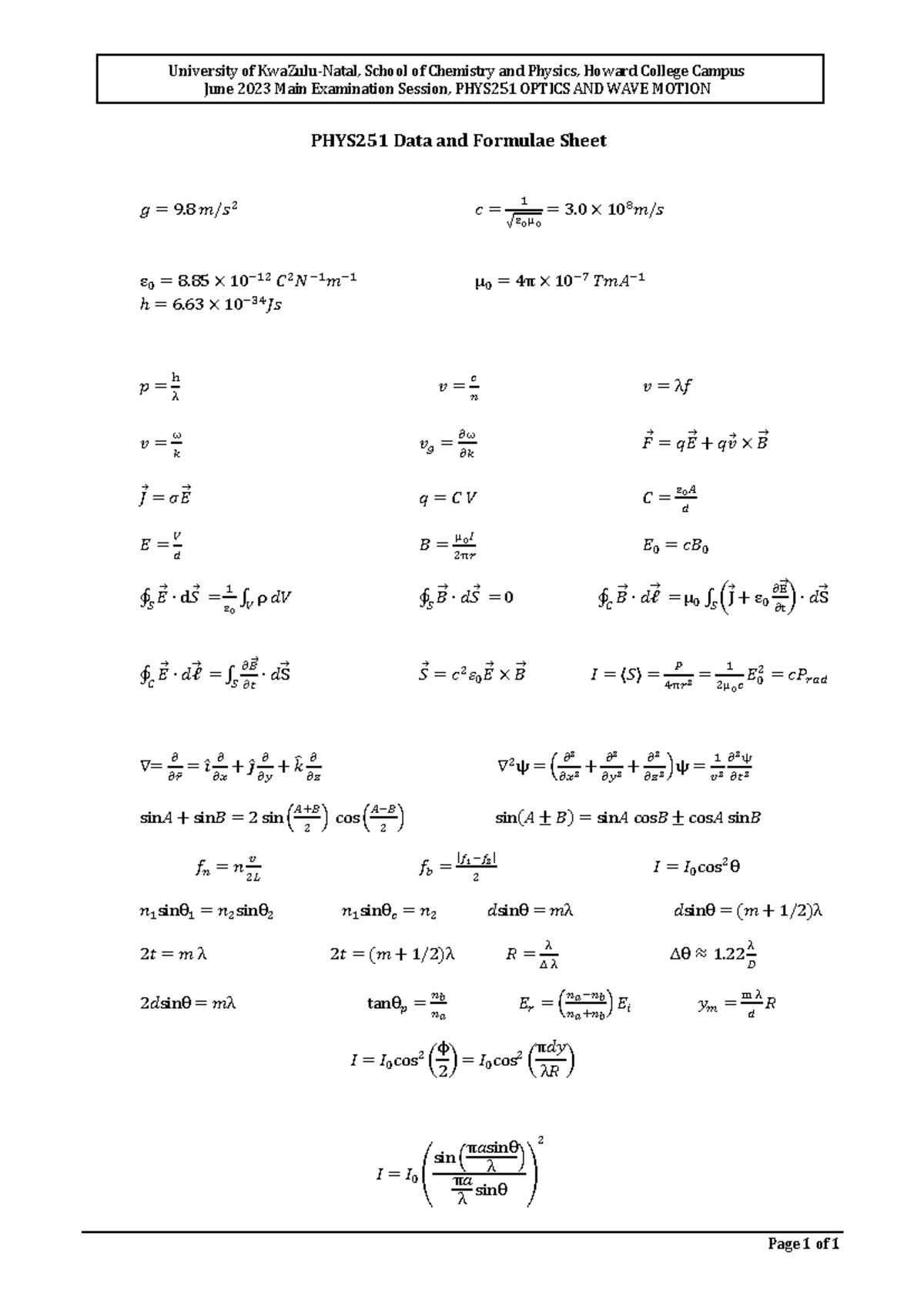 PHYS251 Final Data Sheet - Page 1 of 1 University of KwaZulu-Natal ...