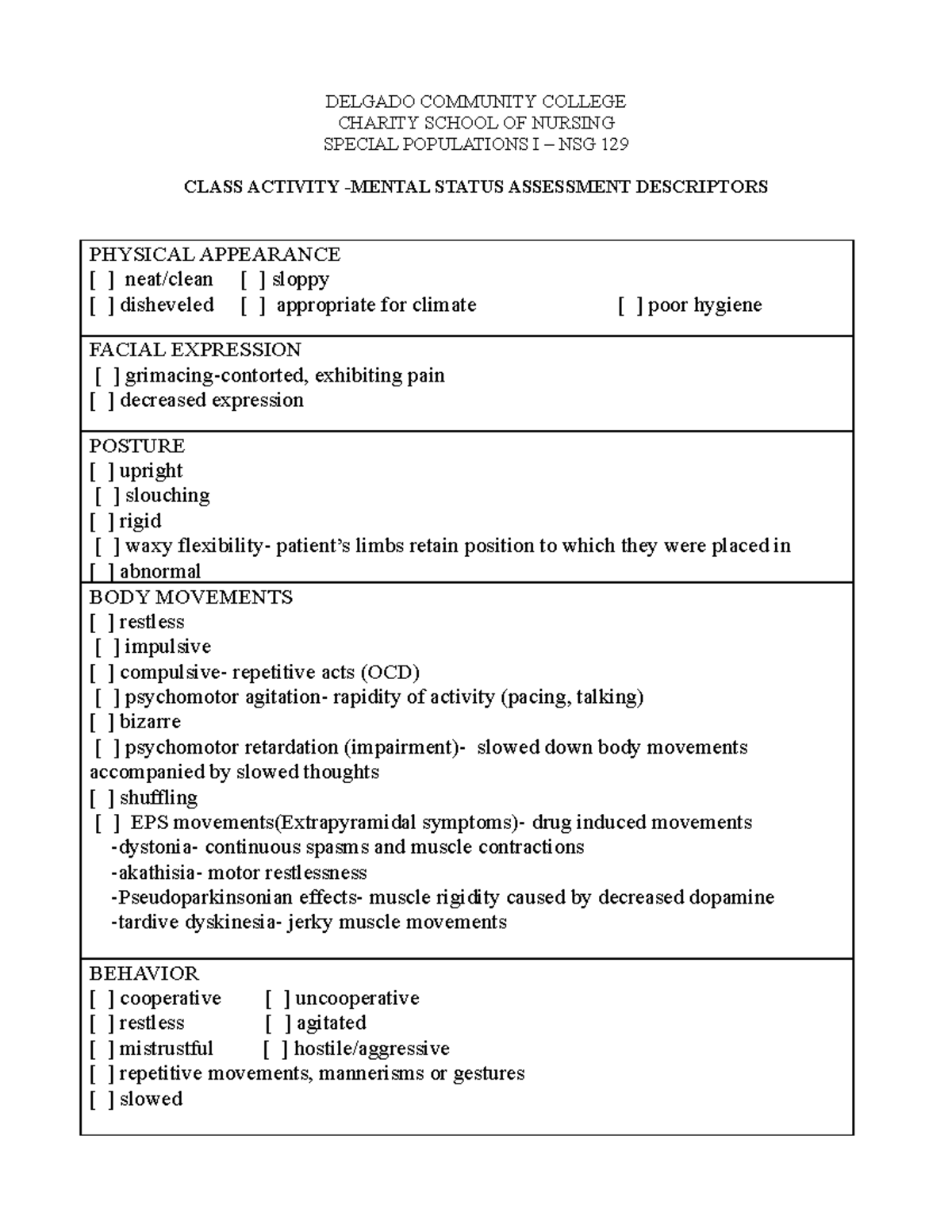 Assessment descriptors - DELGADO COMMUNITY COLLEGE CHARITY SCHOOL OF ...