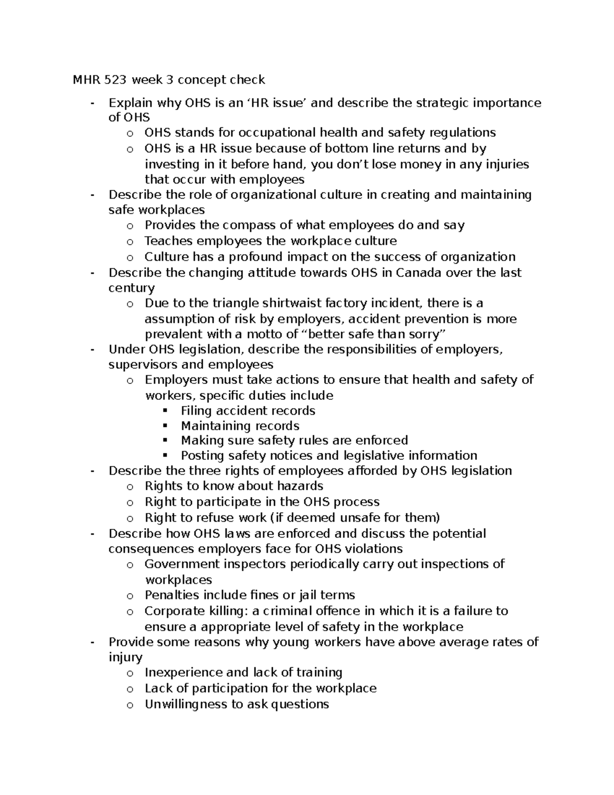 MHR 523 Concept check 3 - MHR 523 week 3 concept check Explain why OHS ...